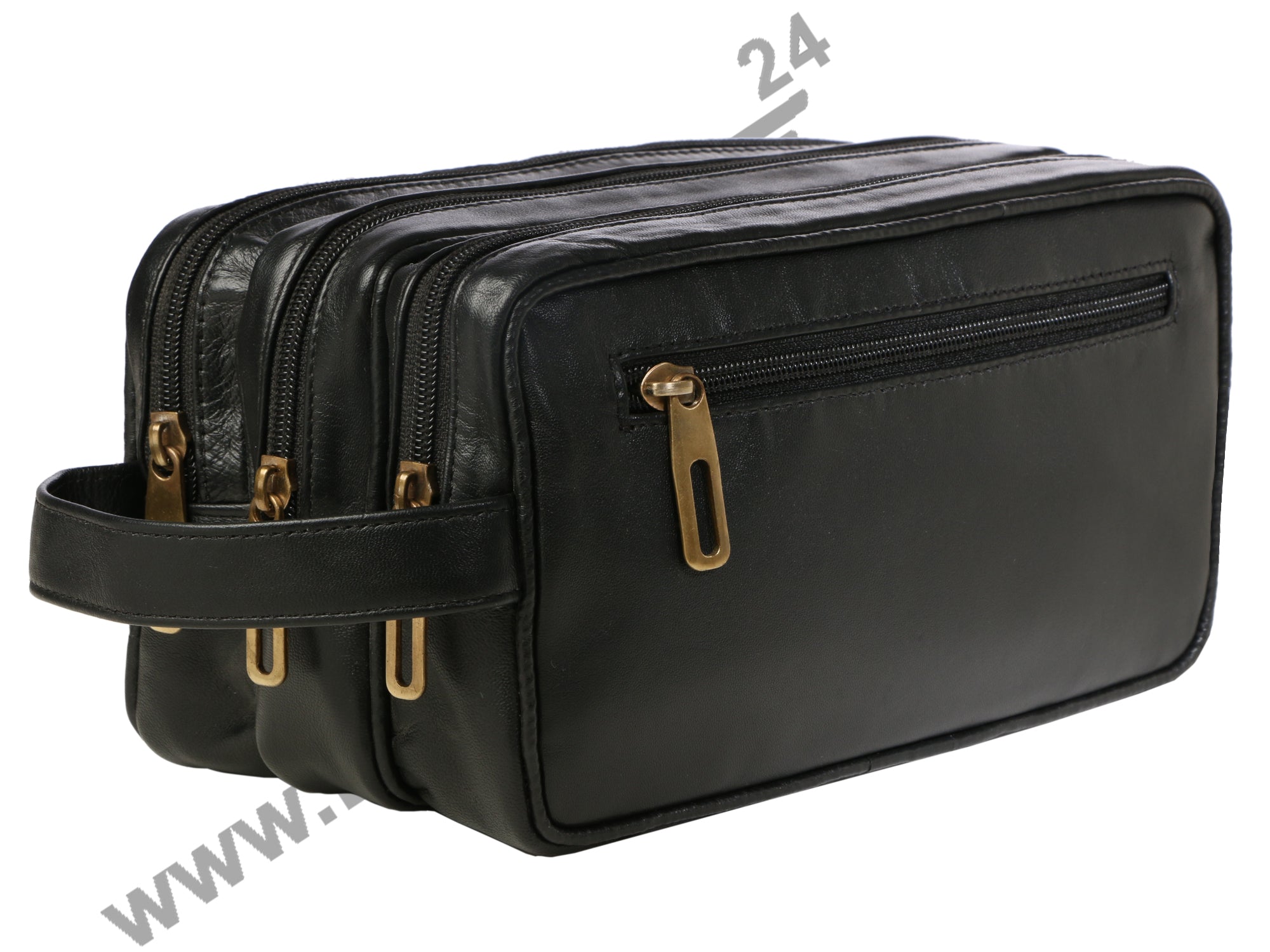 Side view of 3 Zip Dopp Kit.  Three compartments are zipped. One side zip is also visible. Dopp kit is black in color.