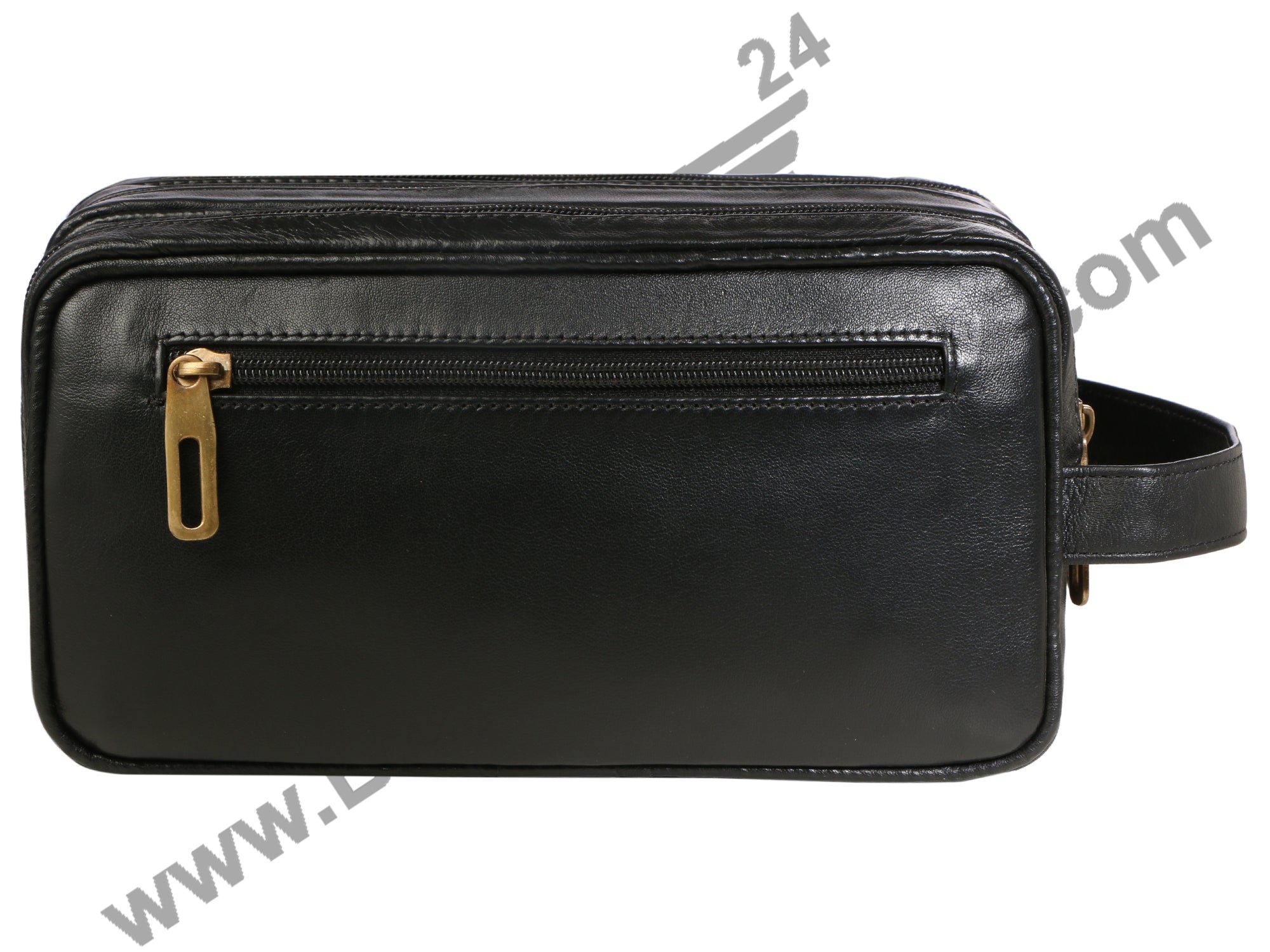 Side view of 3 Zip Dopp Kit.  Three compartments are zipped. One side zip is also visible. Dopp kit is black in color.