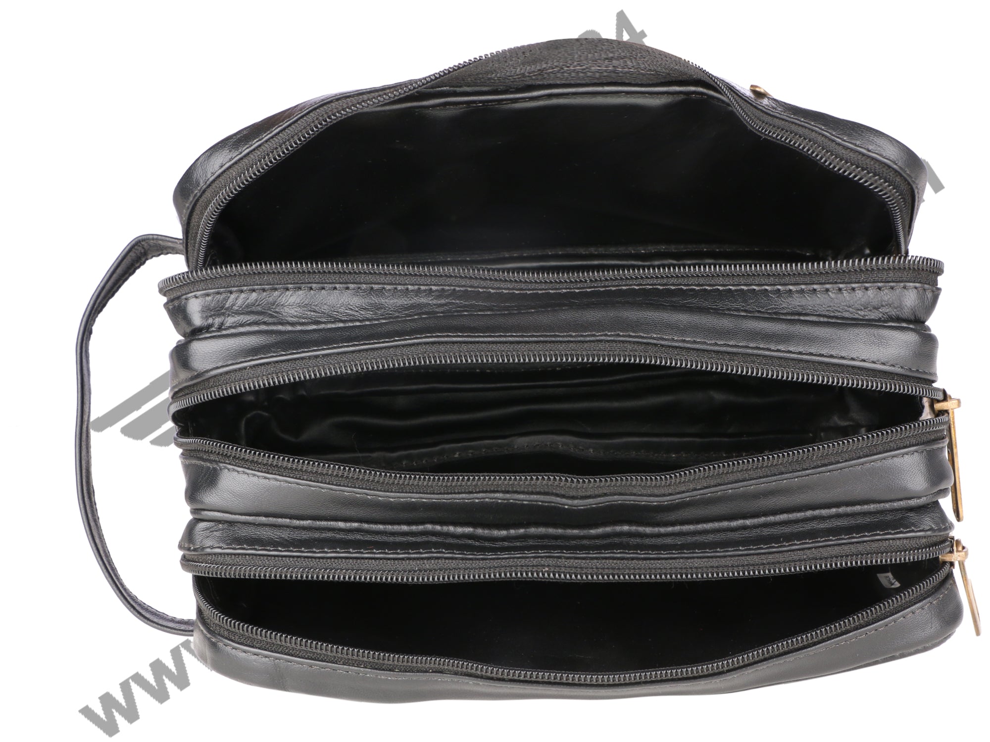 Top image of  3 Zip Dopp Kit.. Three unzipped compartment visible. Extraordinarily Compact and Spacious.  Inner Liner is washable.