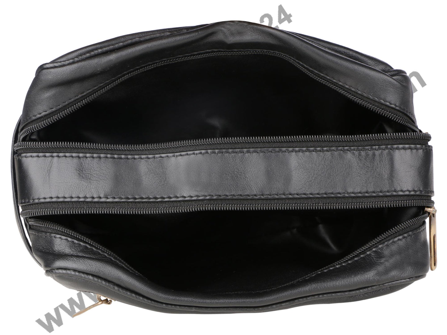 Top view of 2 Zip Doppkit.  Two compartments are unzipped and look spacious. Inner Liner is washable.