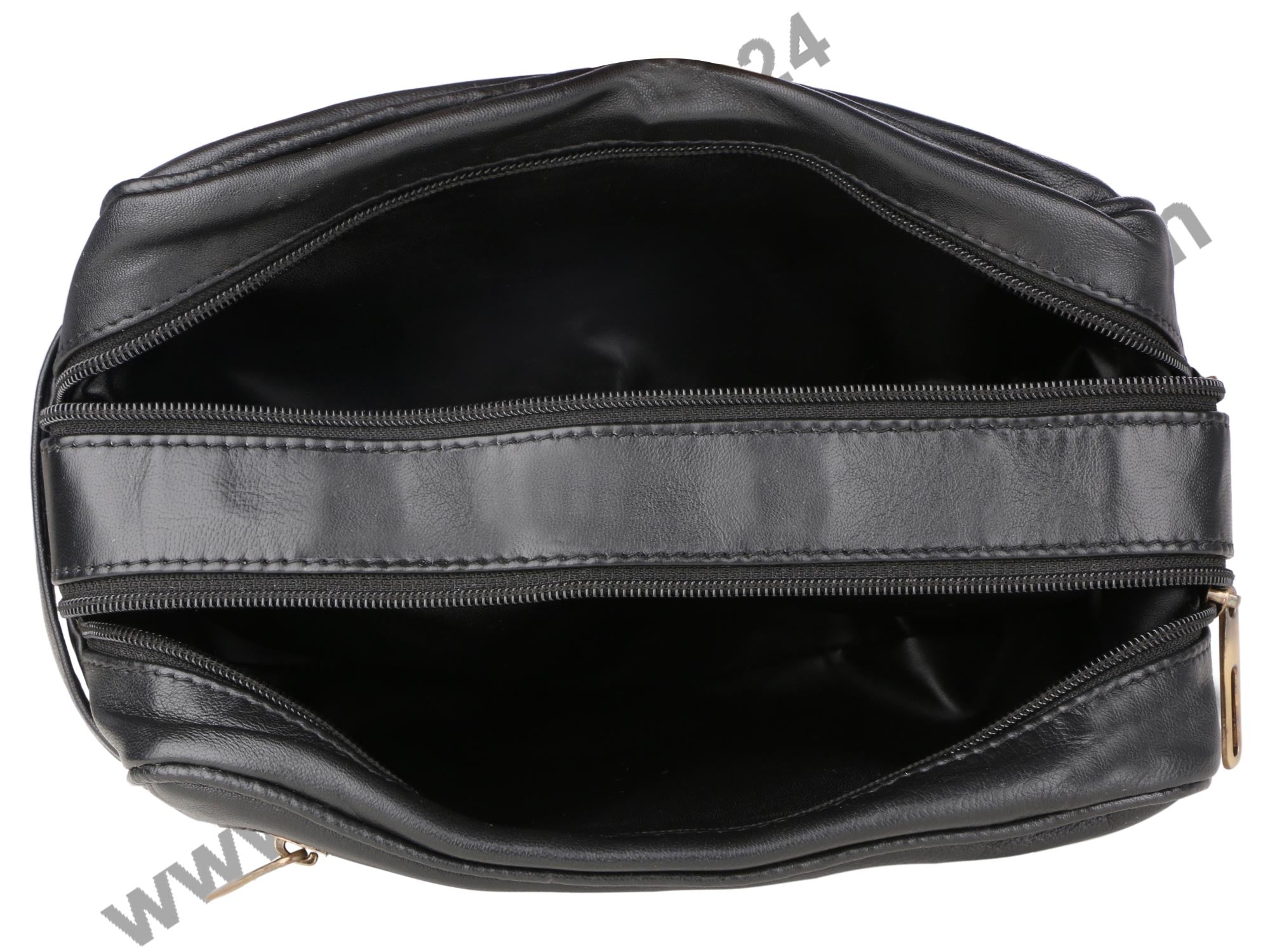 Top view of 2 Zip Doppkit.  Two compartments are unzipped and look spacious. Inner Liner is washable.