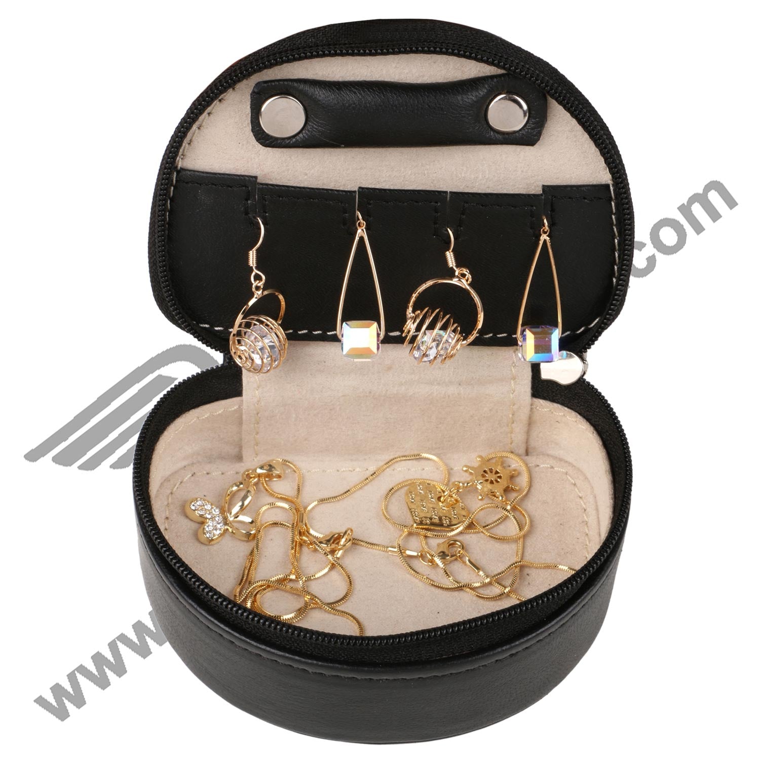 Open image of TRAVEL SMALL JEWELERY CASE. The lid is open and it depicts storage area both for ear rings and necklace