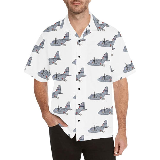 Male model posing with C130 HERCULES WHITE HAWAIIAN SHIRT