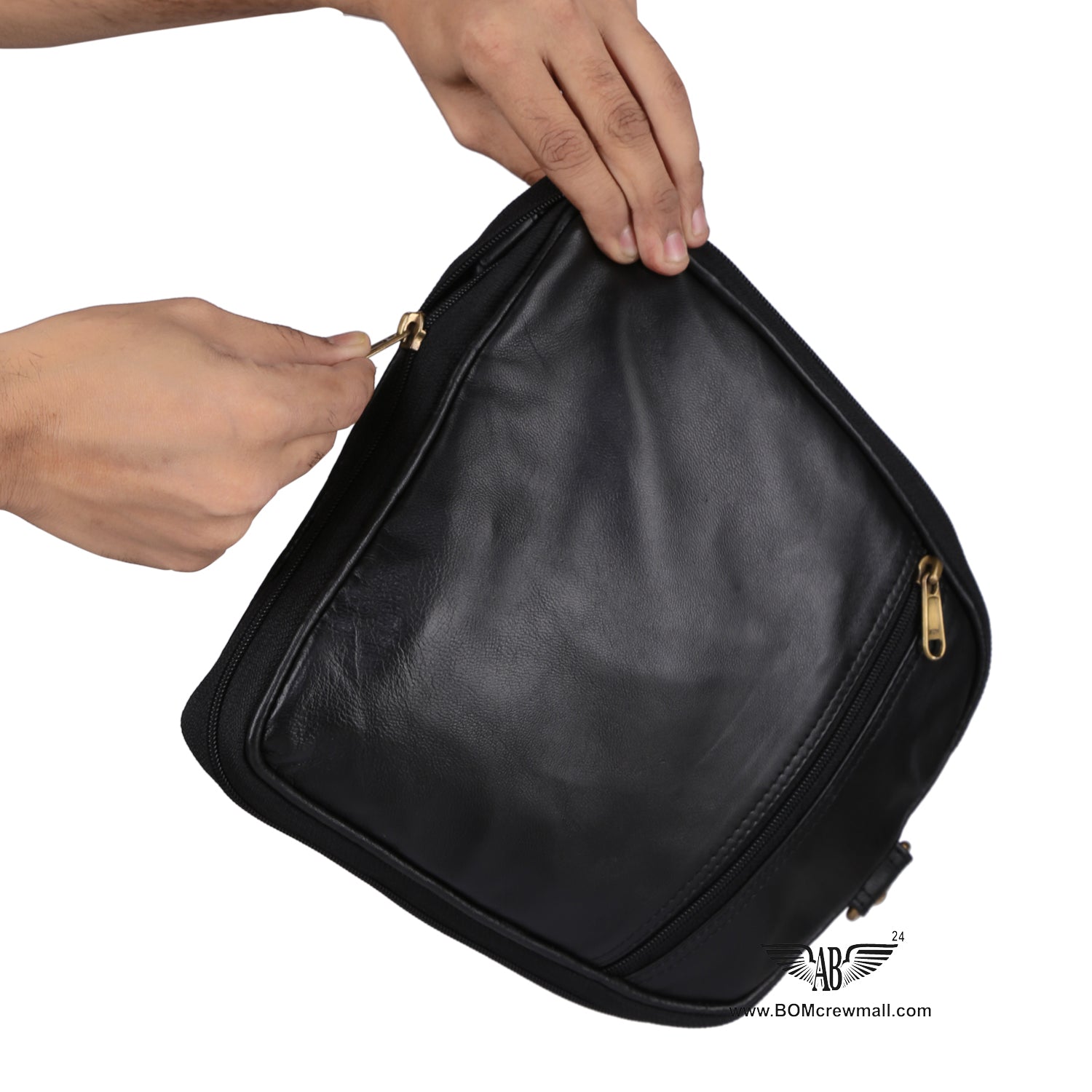 Tilted view of FOLDING TOTE BAG. Lower zip is shocased.