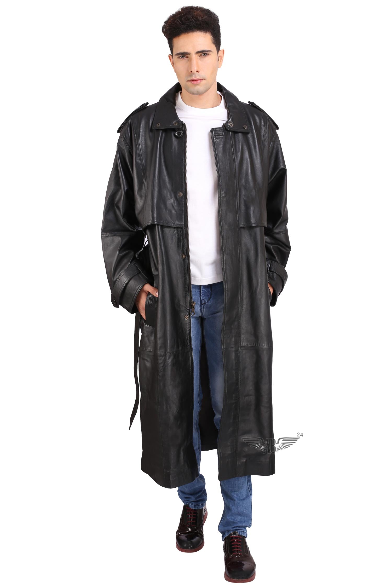 A model posing with black TRENCH COAT on.