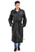 Model displaying black TRENCH COAT. It is wrapped around him. His hands are tugged inside slit pockets