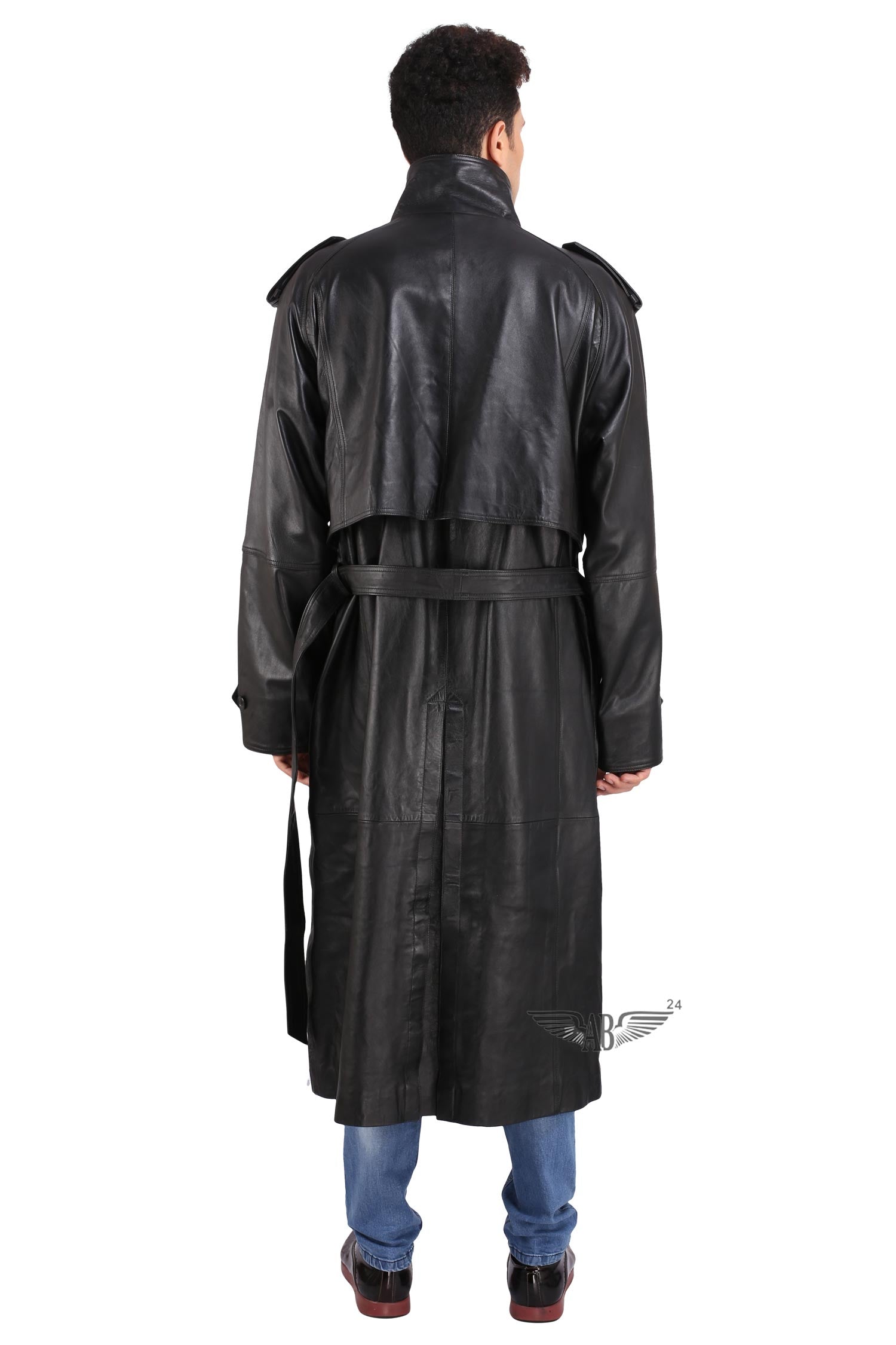 Back image of black TRENCH COAT. Turtle neck is depicted.