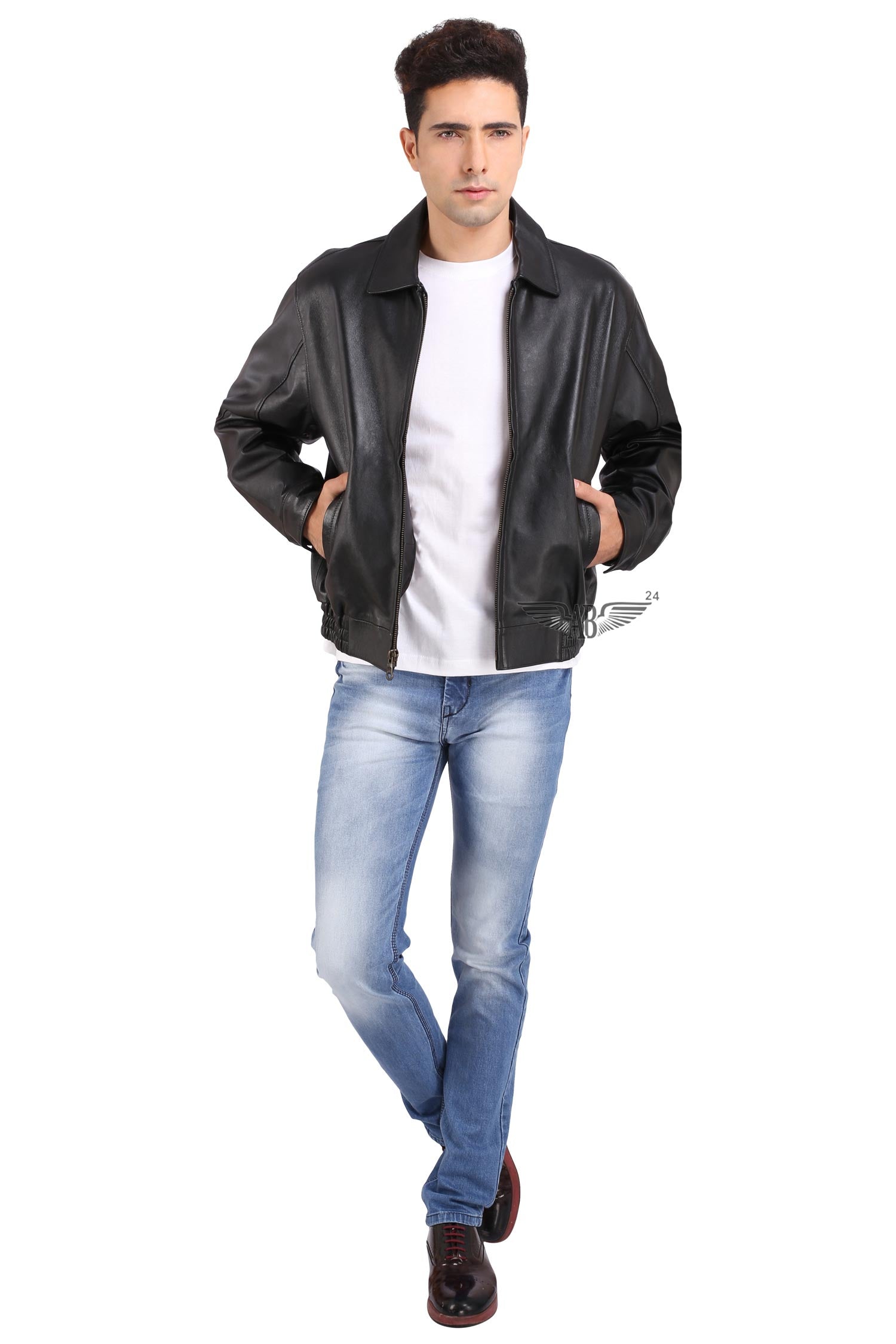 model posing for REAL PILOT BOMBER JACKET. He has tucked his hands inside slit pockets Jacket is unzipped
