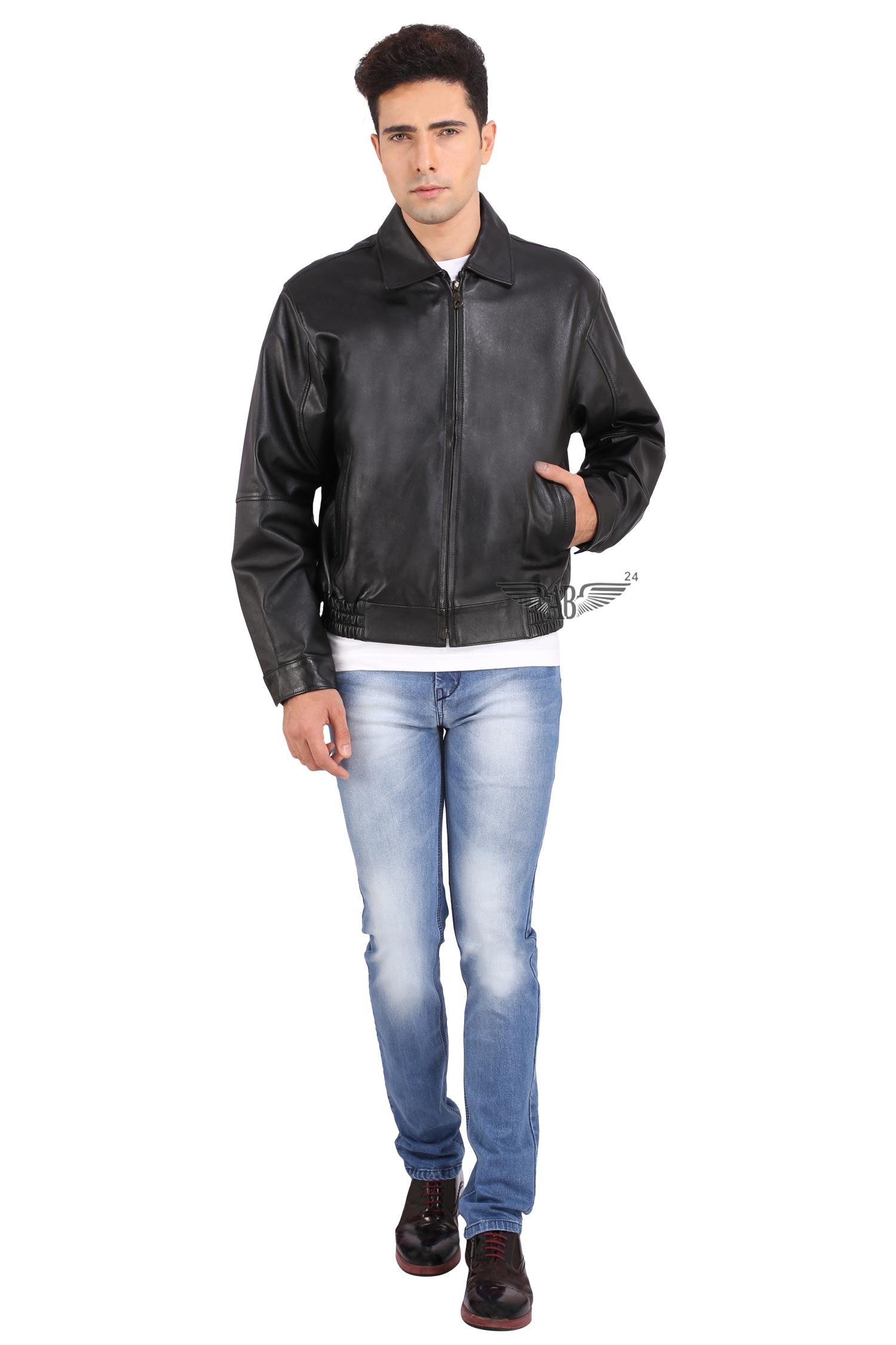 model posing for PILOT BBOMBER JACKET. He has tucked his one hand inside slit pocket Jacket is zipped