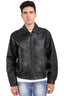 Close view of black Bomber jacket. It is zipped. Elegant. full sleeves.  