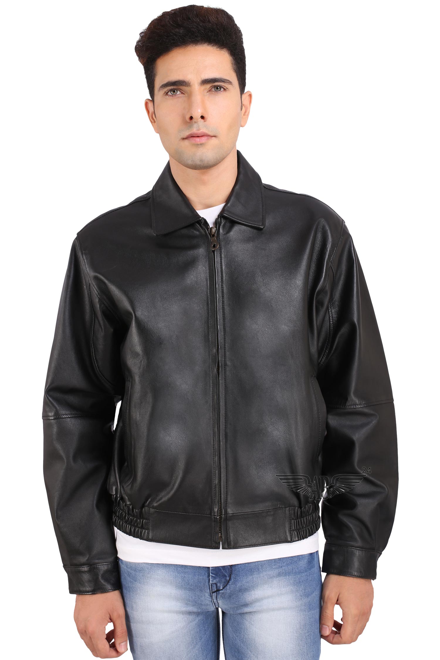 Close view of black Bomber jacket. It is zipped. Elegant. full sleeves.  