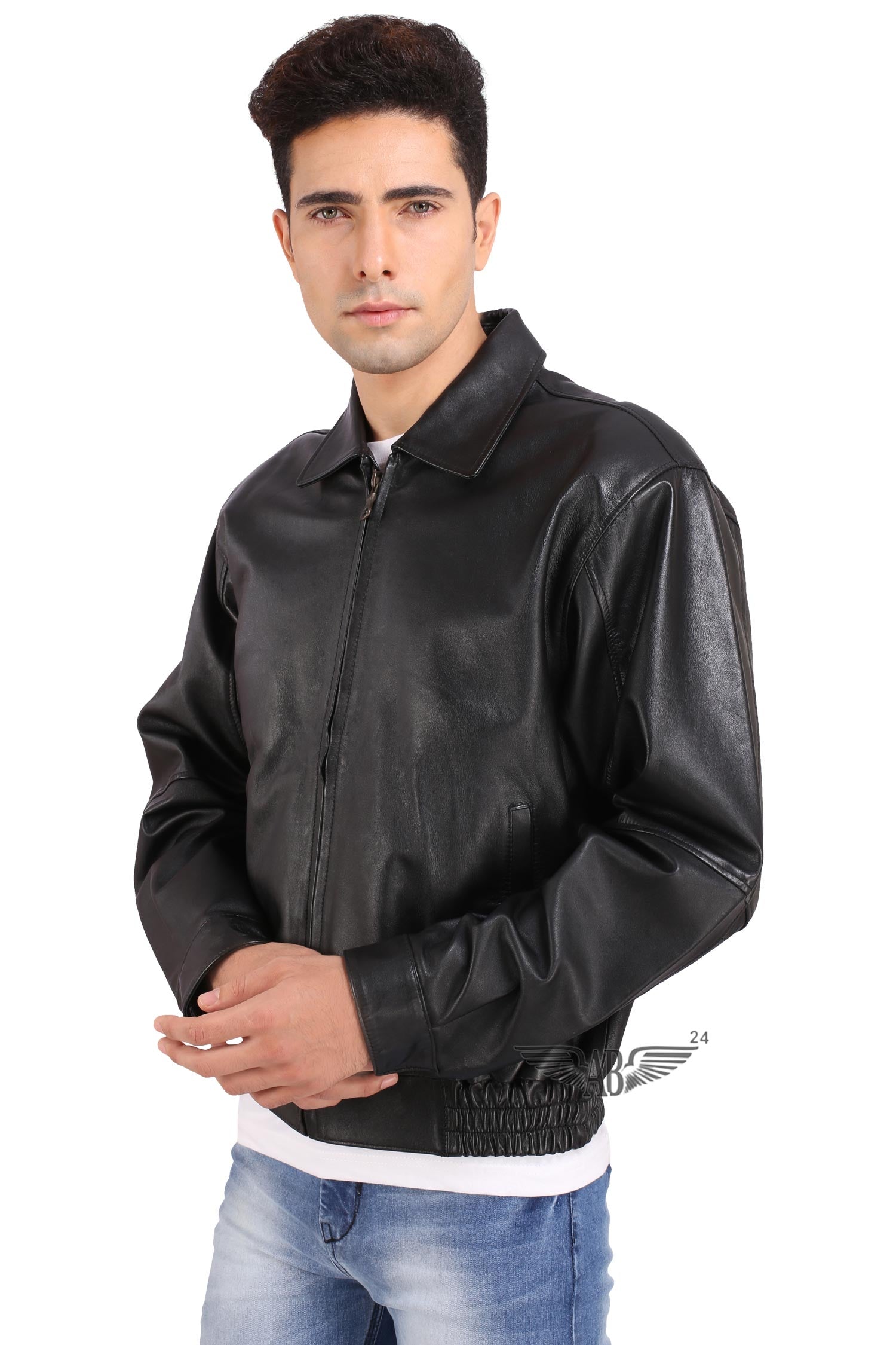 Side image of Bomber jacket. model posing for Bomber jacket.