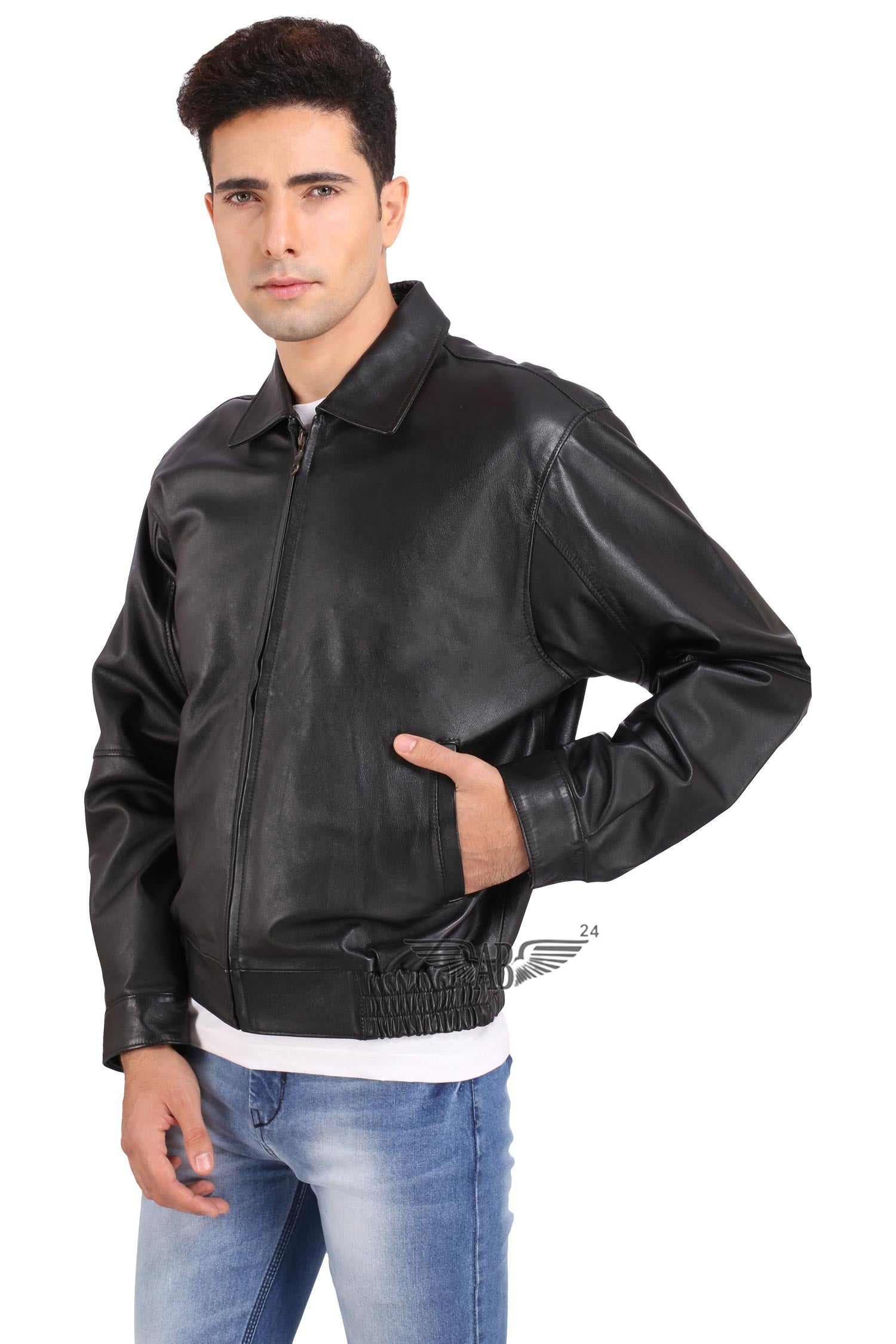 model posing for PILOT BBOMBER JACKET. He has tucked his one hand inside slit pocket Jacket is zipped
