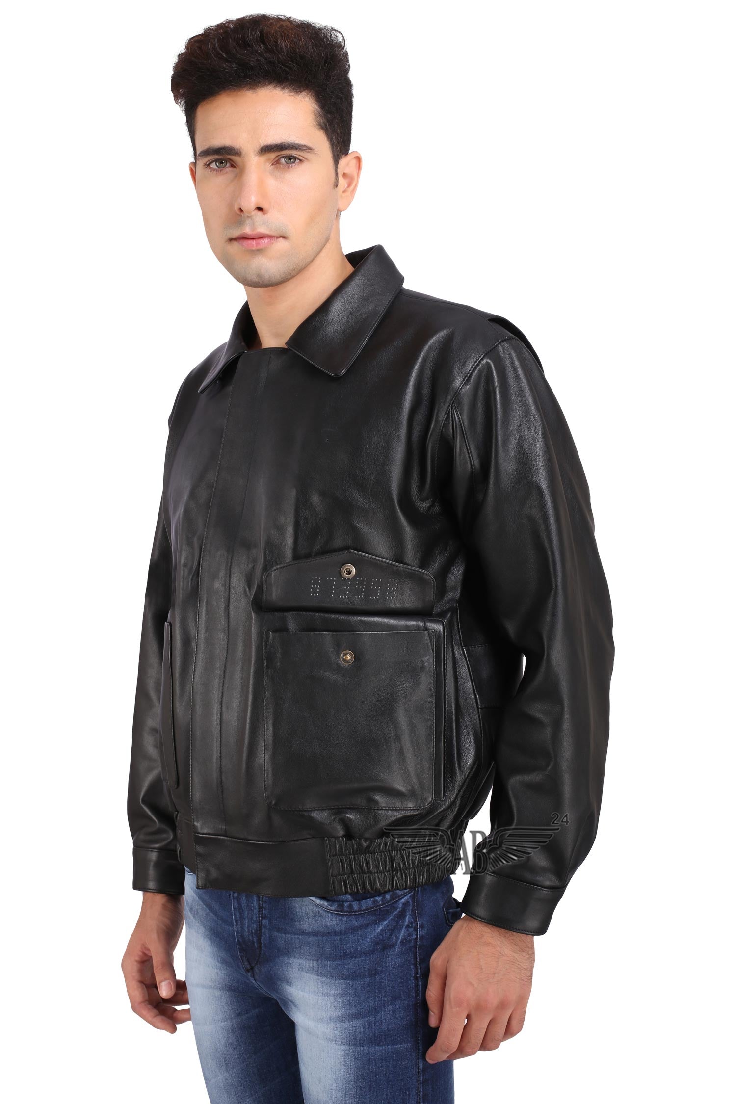 Model posing with Bomber jacket. One pocket strap is unbottened