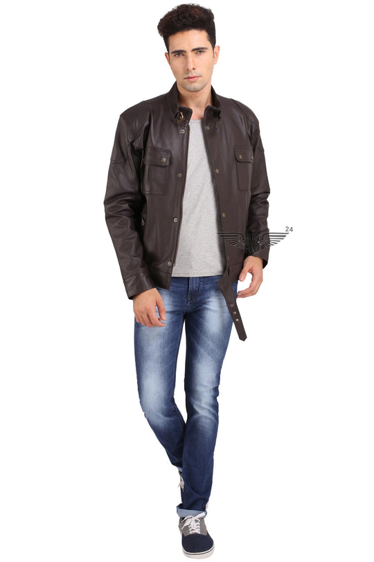 Model posing with BELSTAF BIKER FASHION JACKET MENS on.