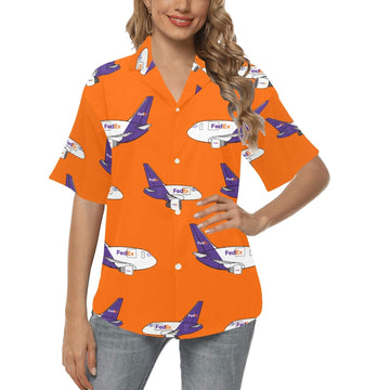 Female model posing with our MD11 ORANGE WOMENS HAWAIIAN SHIRT