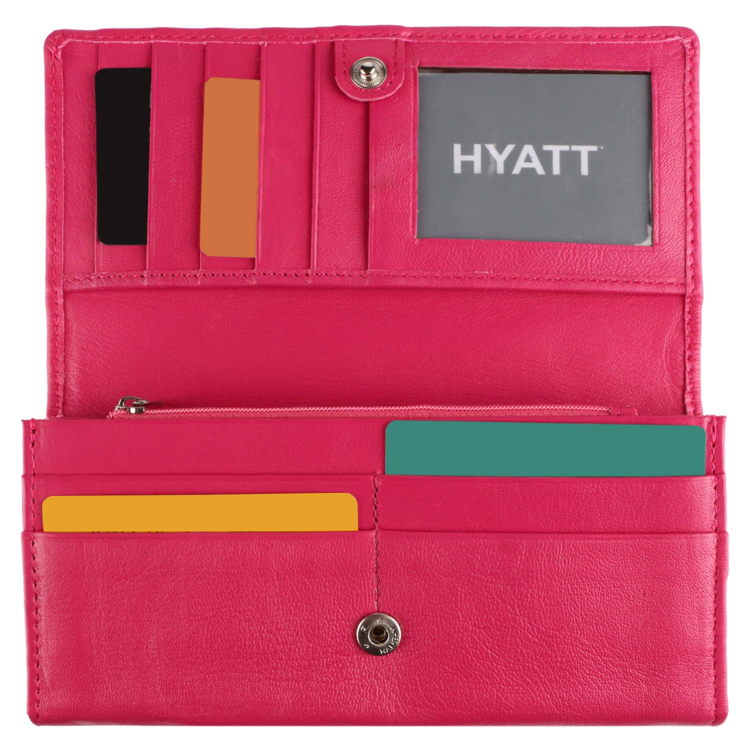 Front side open image of pink WOMENS WALLET. It depicts plant of card and ID holding space.