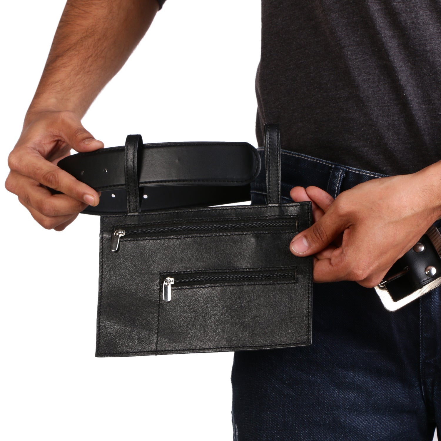 model depicting usage of ROME GYPSY PROOF WALLET. The wallet is tucked in belt.