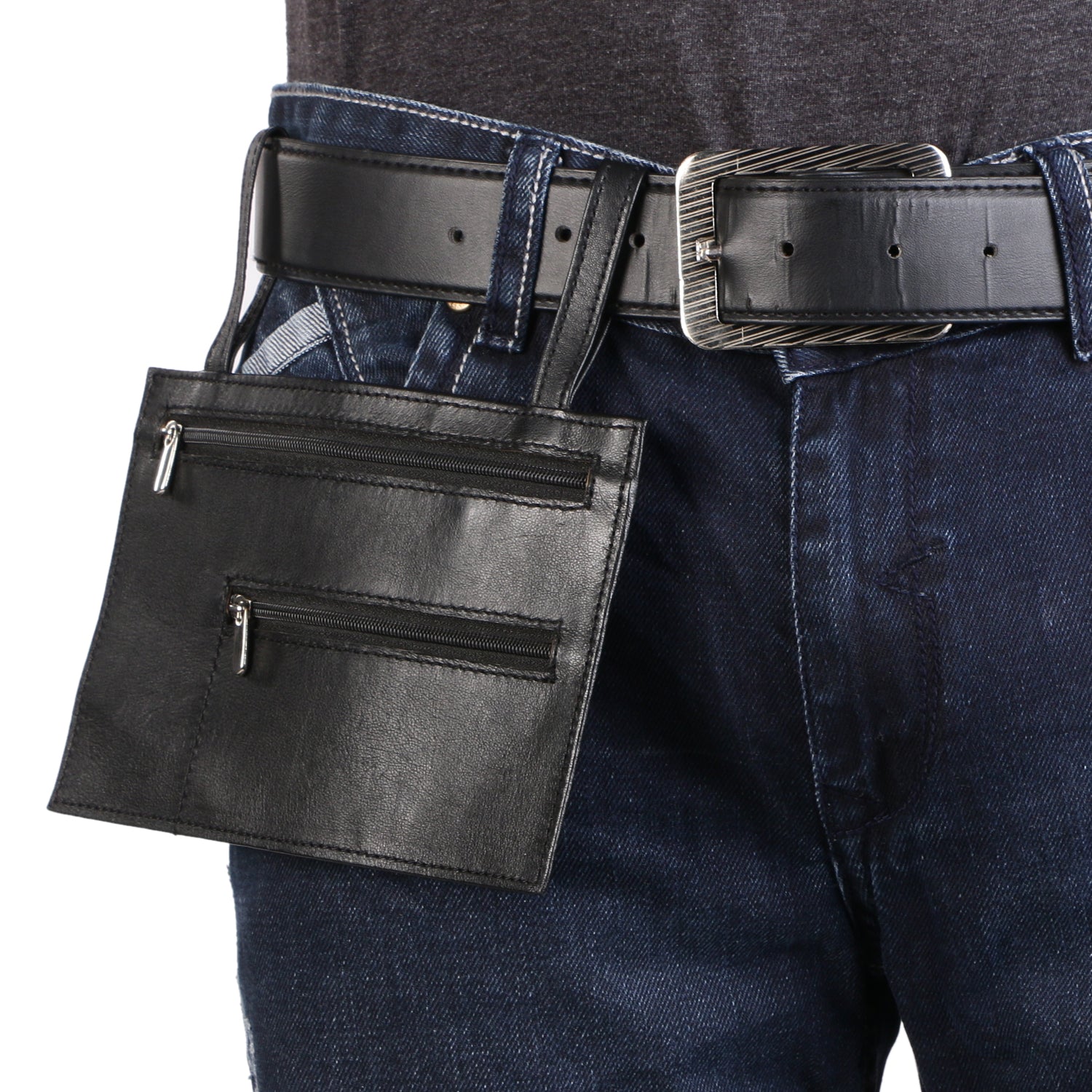 Front image of GYPSY PROOF WALLET.  It is hanging stylishly on belt.