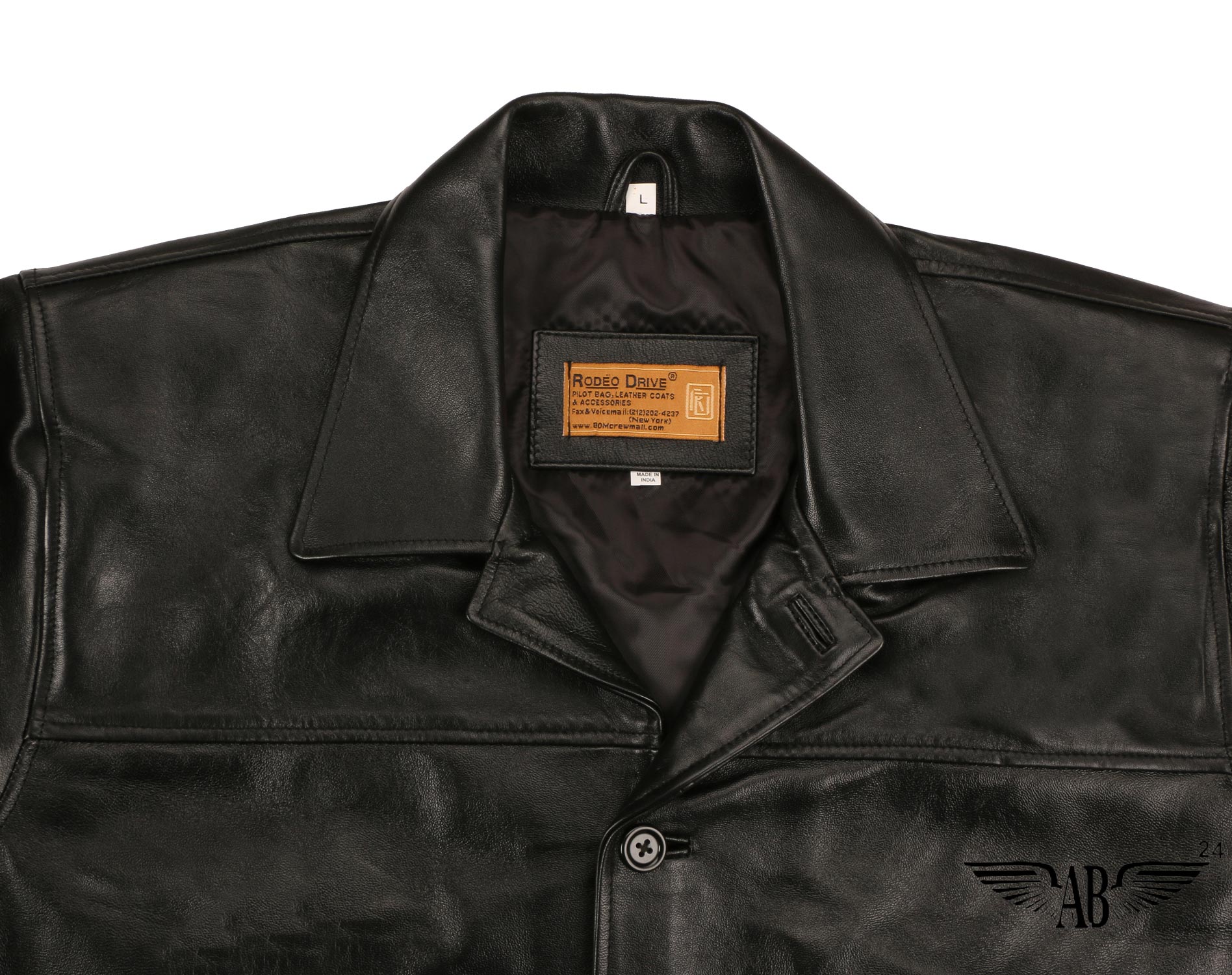 Front image of black CLASSIC CAR COAT.  It depicts  collar with Tag