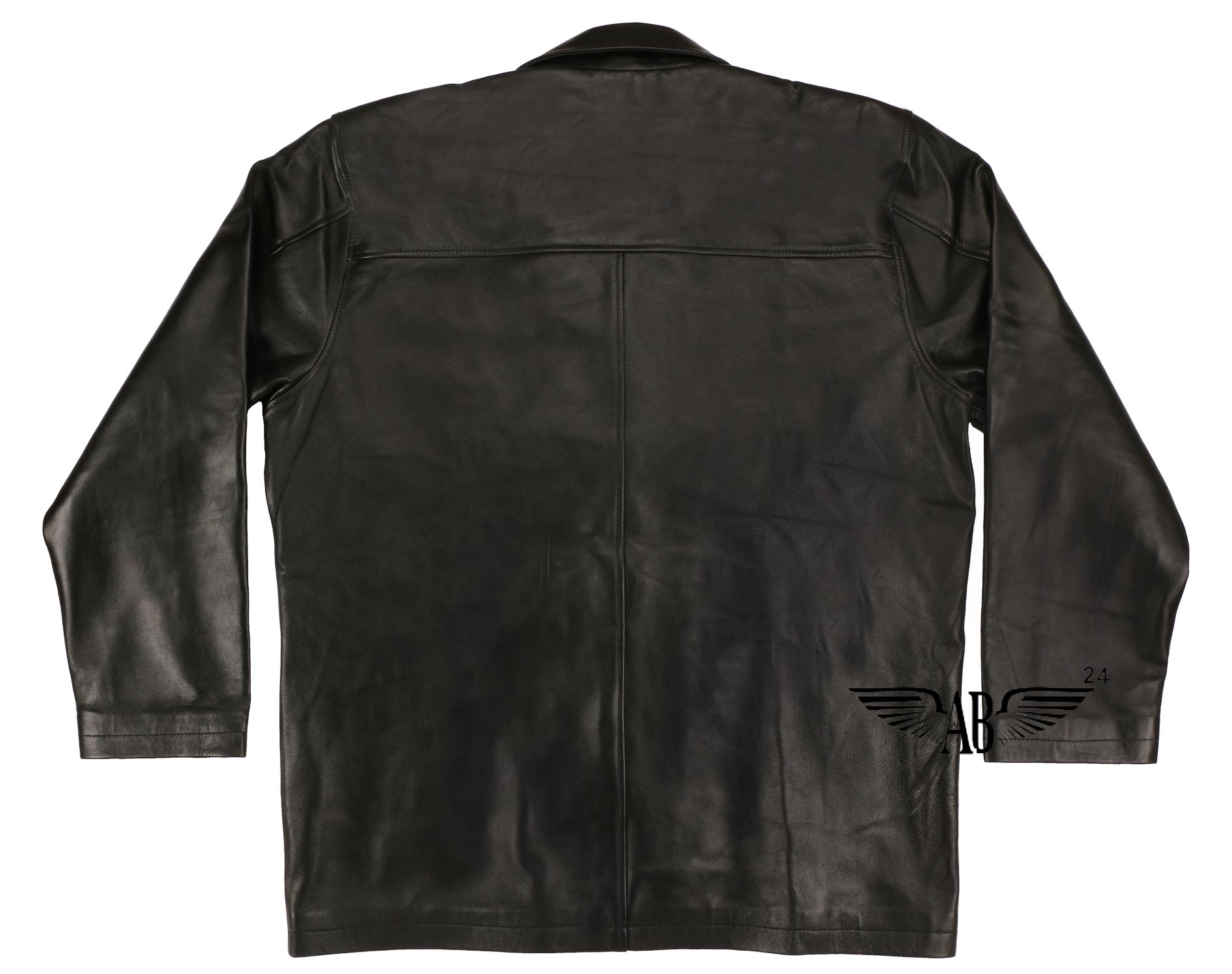 Front image of black CLASSIC CAR COAT.  It depicts  collar with Tag