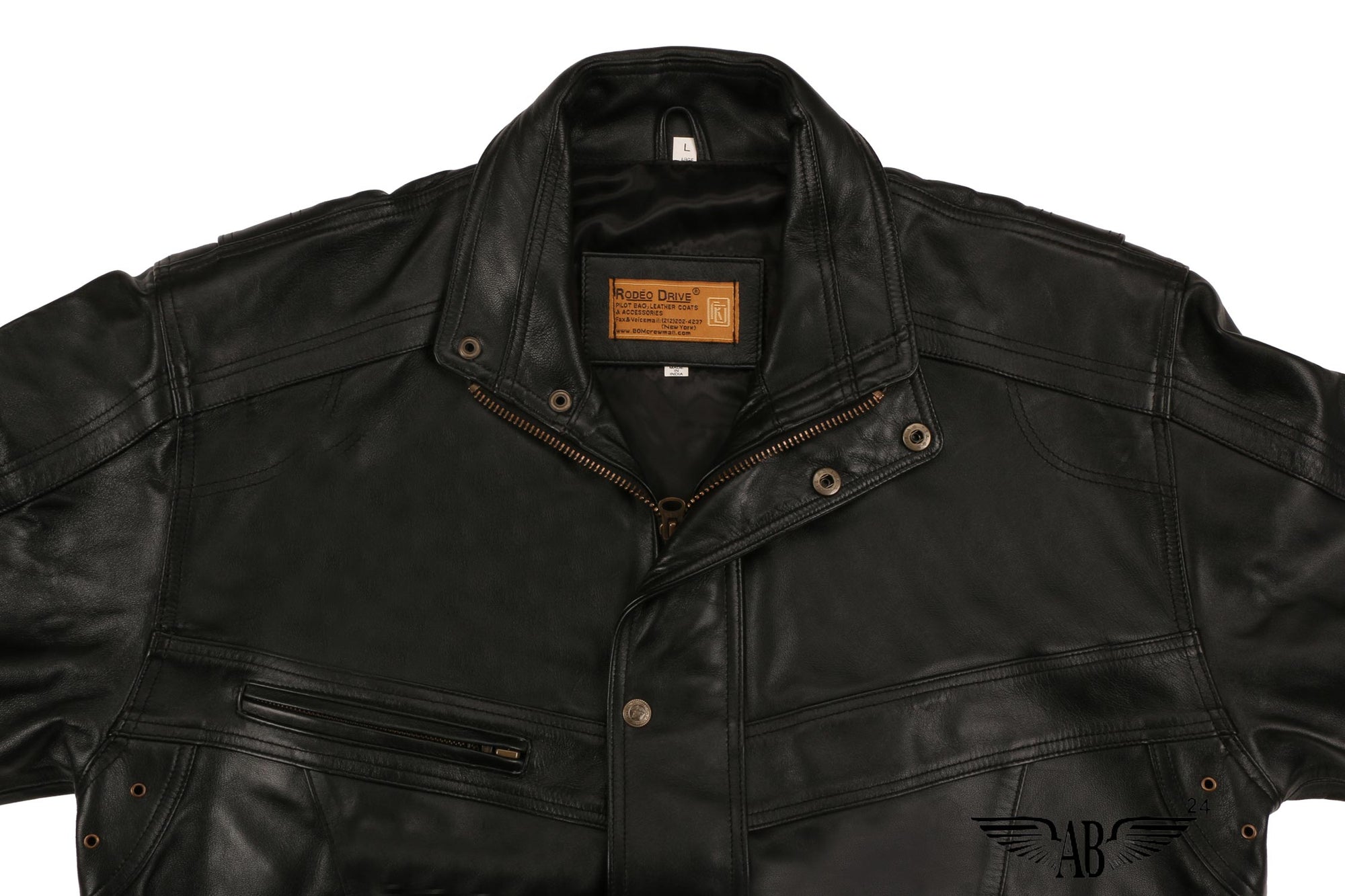 Front view of  bomber jacket.  Right side pocket is visible. The jacket has zipper pattern to open and shut. Even buttons are available. Side pocket is zipped.