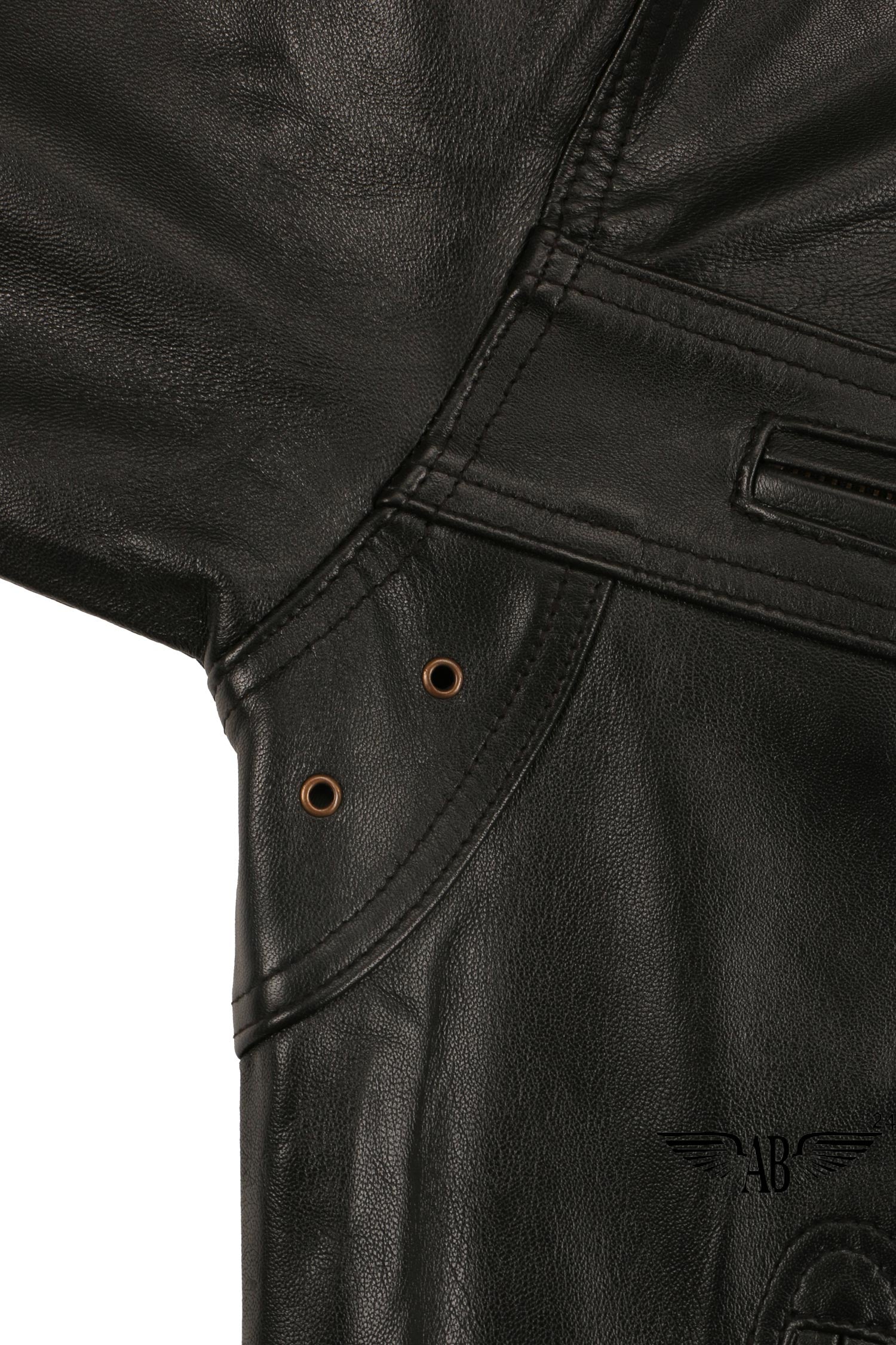 Arm pits of  Bomber jacket displayed. It has two tiny openings, making jacket breathable.