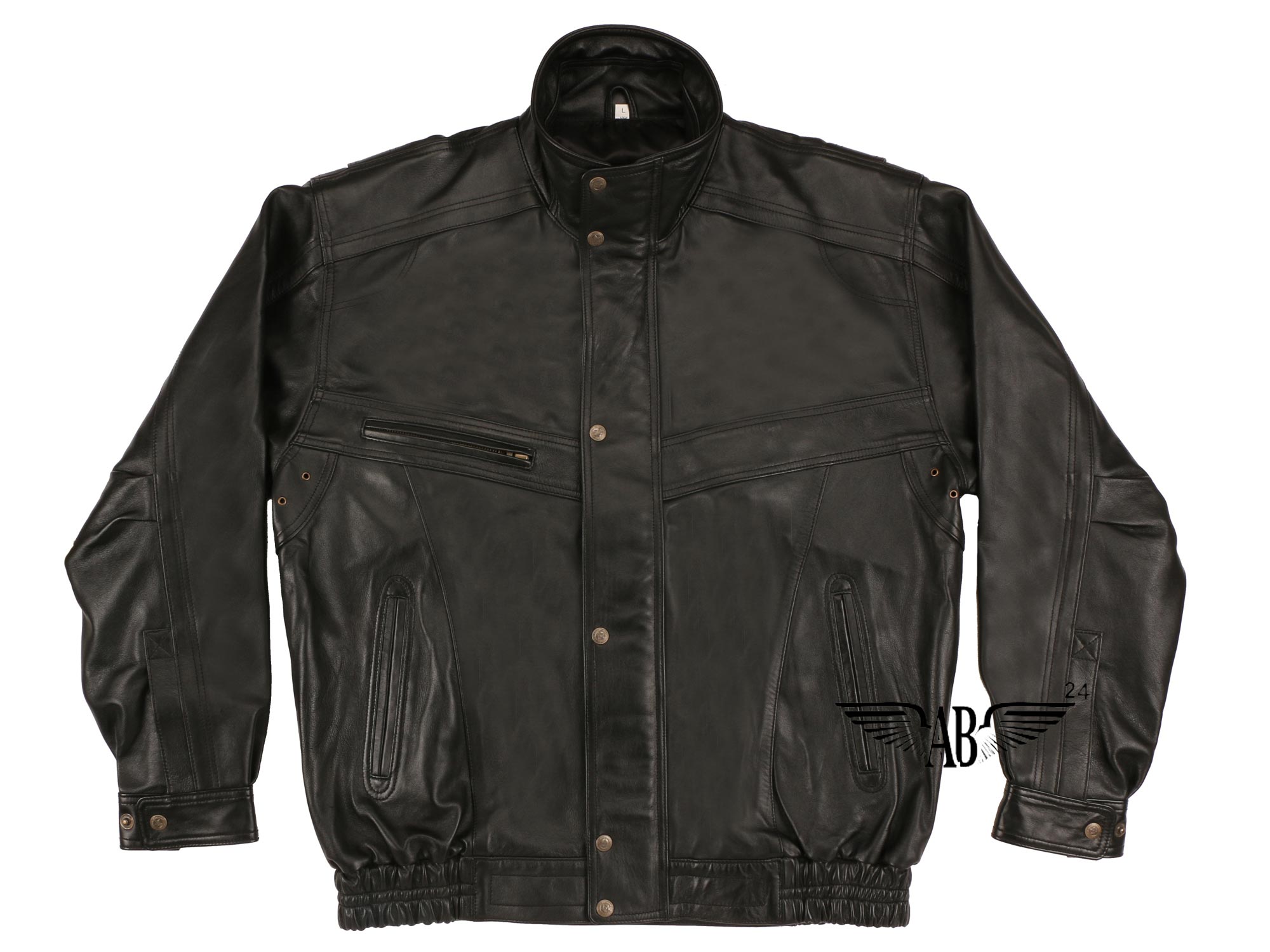 Front side of bomber jacket displayed. One pocket on chest is visible. Two slit pockets are visible. Jacket hem appears to have excellent fitting.