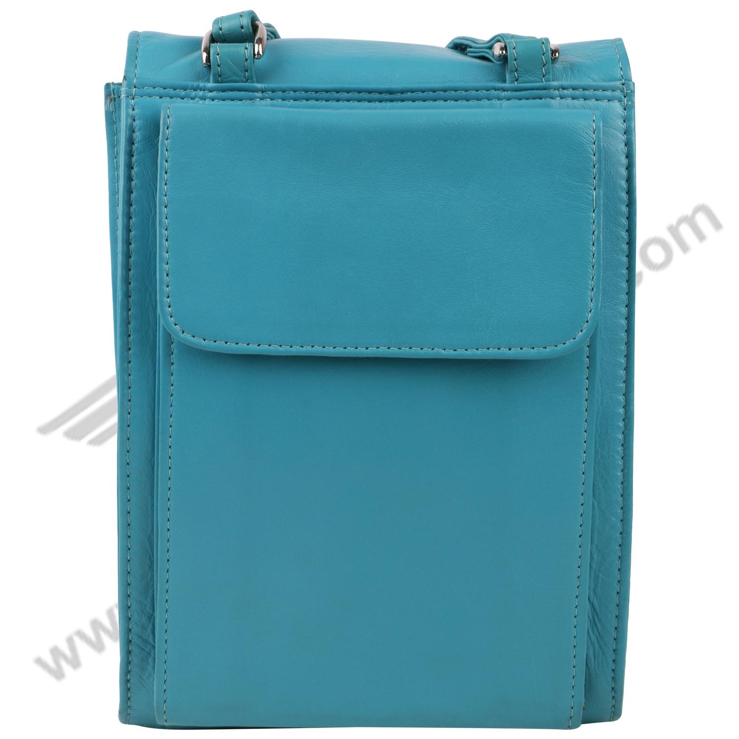 Front image of blue color MULTI POCKET CROSS BODY HAND BAG. Front flap is closed