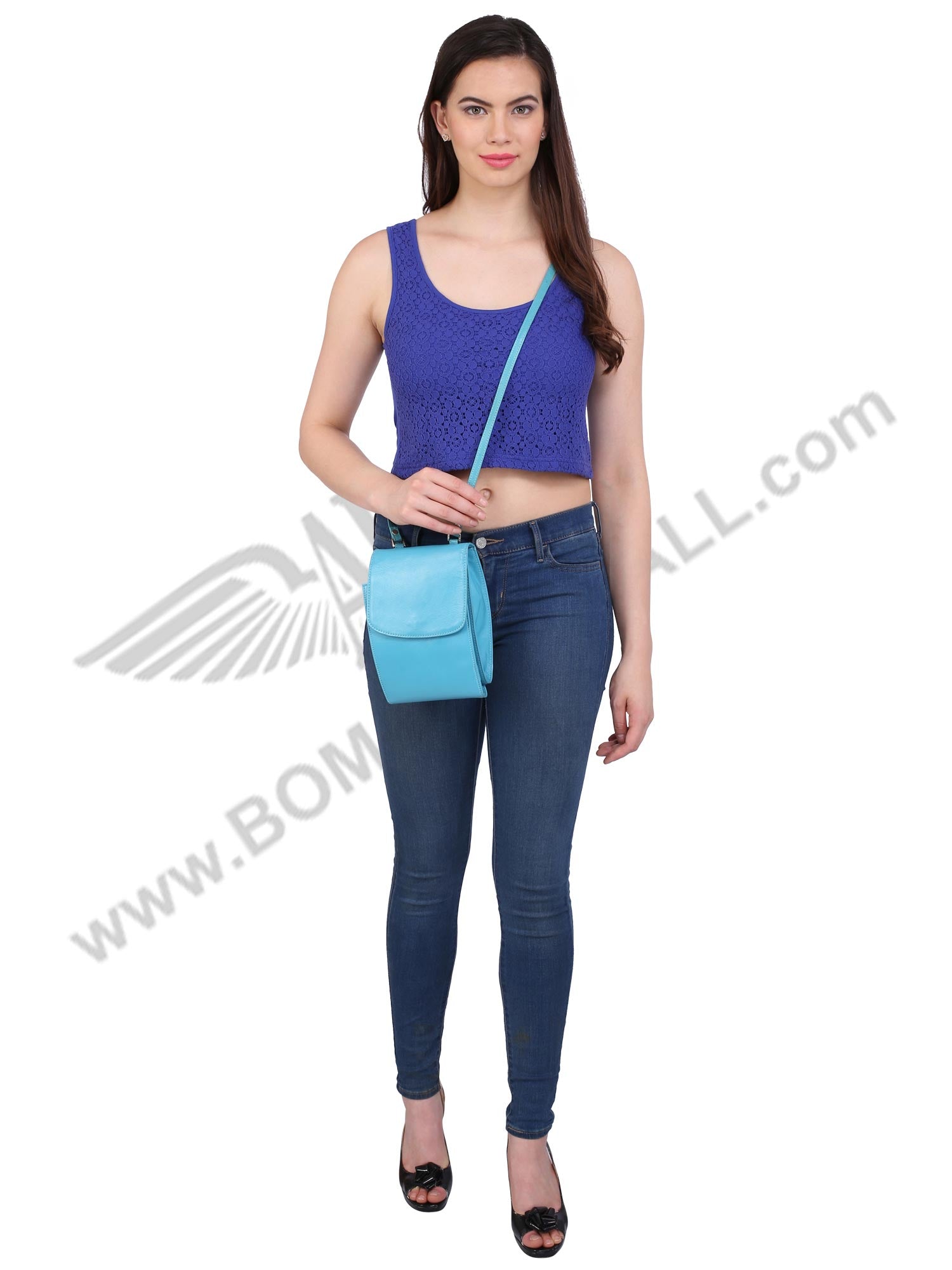 model posing with stylish blue CROSS BODY HAND BAG