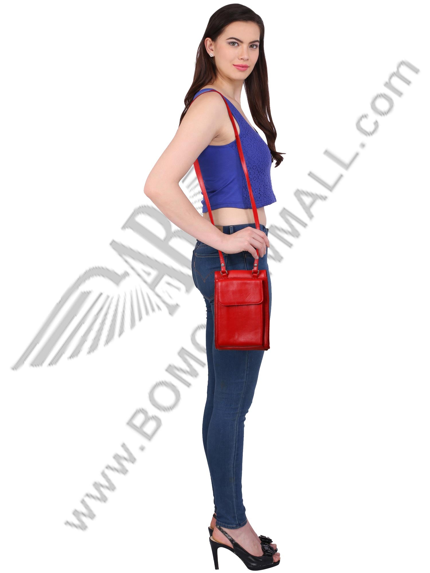 Model posing with stylish red MULTI POCKET CROSS BODY HAND BAG