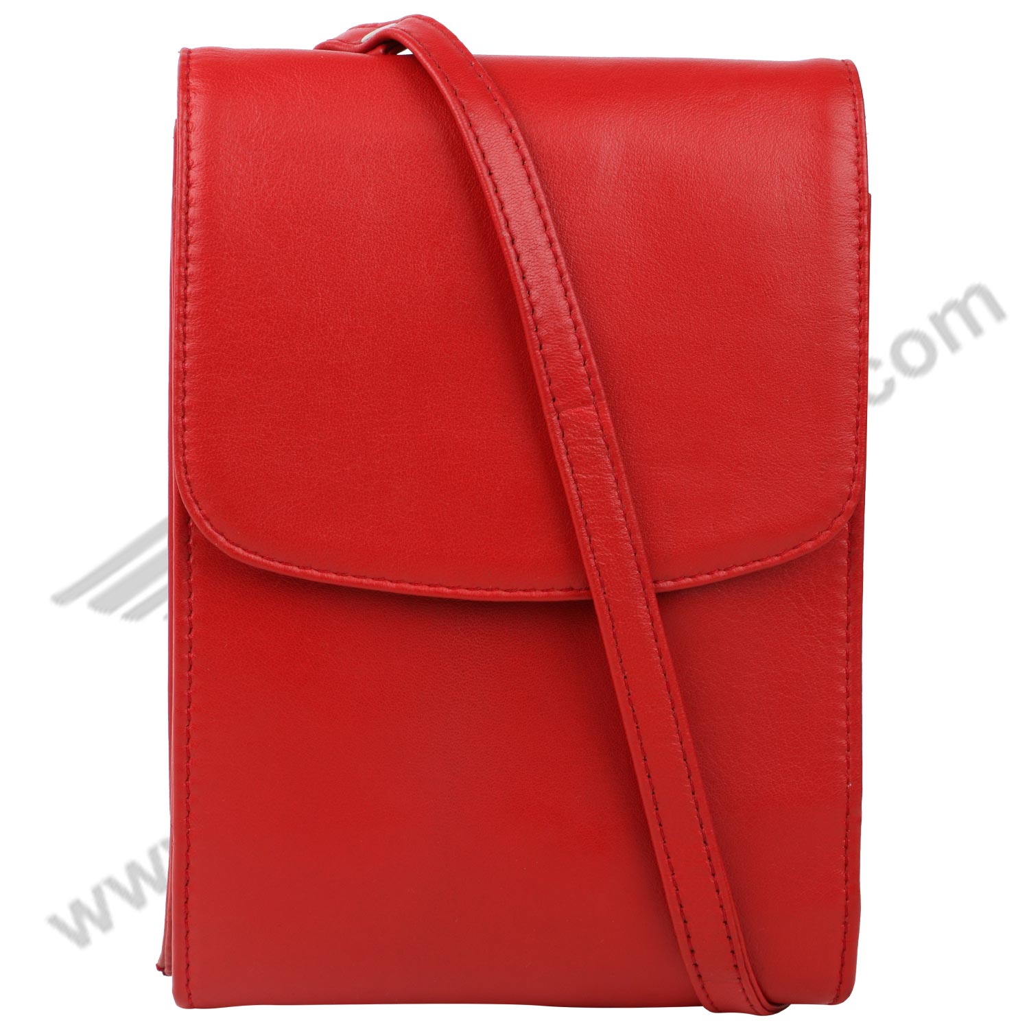 Front image of red sling bag. The sling is wrapped across it