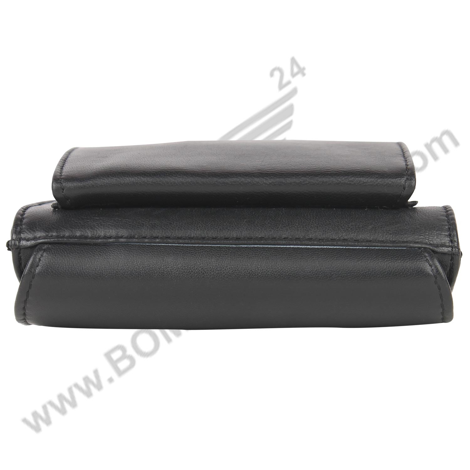 Bottom angled image of black sling bag , It look spacious.
