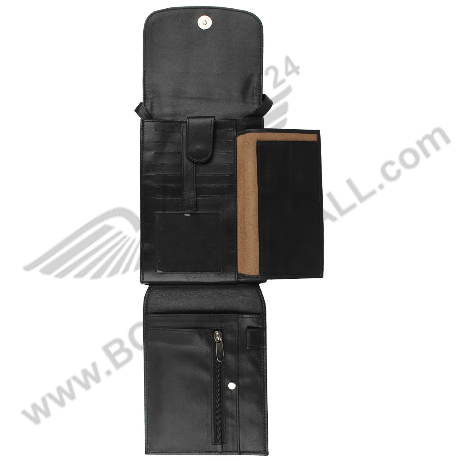Open image of black MULTI POCKET CROSS BODY HAND BAG. It is depicting multiple pockets.