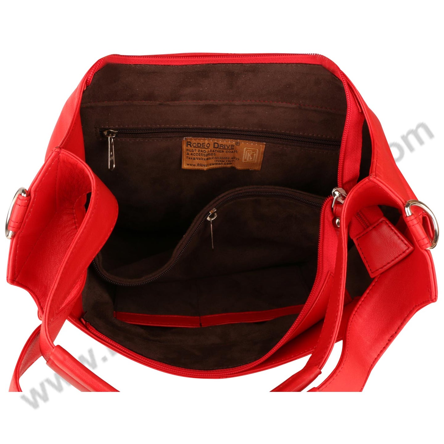 Inside image of open FER GAMO HAND BAG. many inside compartments are visible