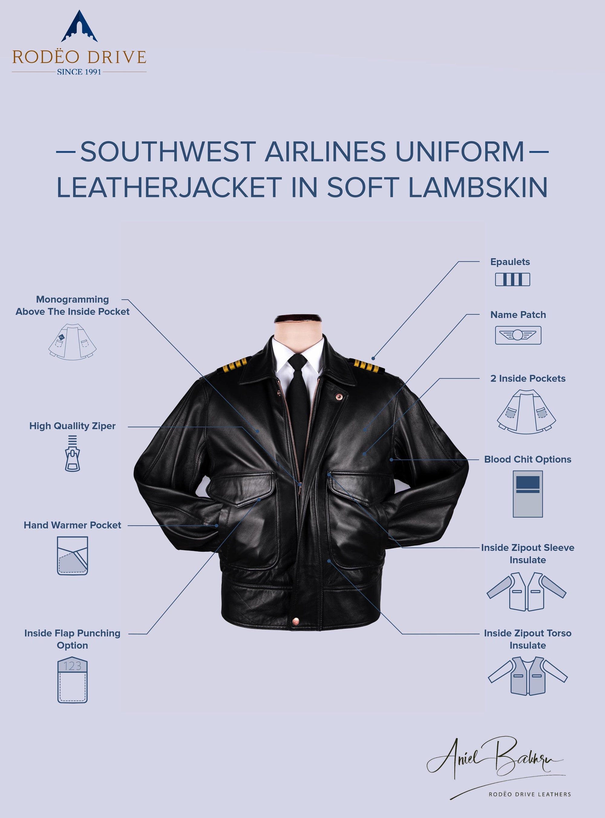 infographics of southwest airpline's uniform leather jacket in soft lambskin.