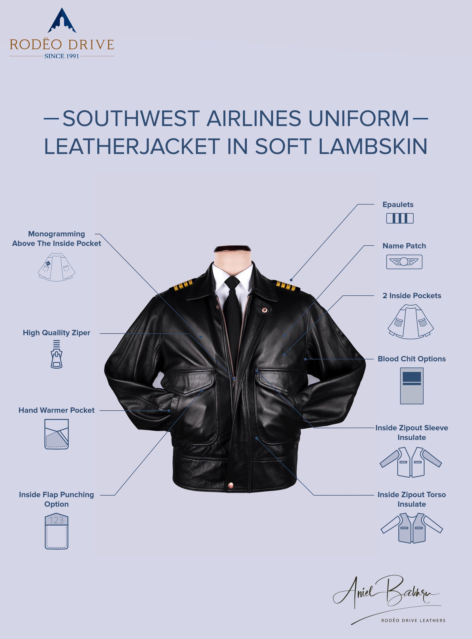 Southwest airlines uniform leather jacket in soft lambskins features displayed