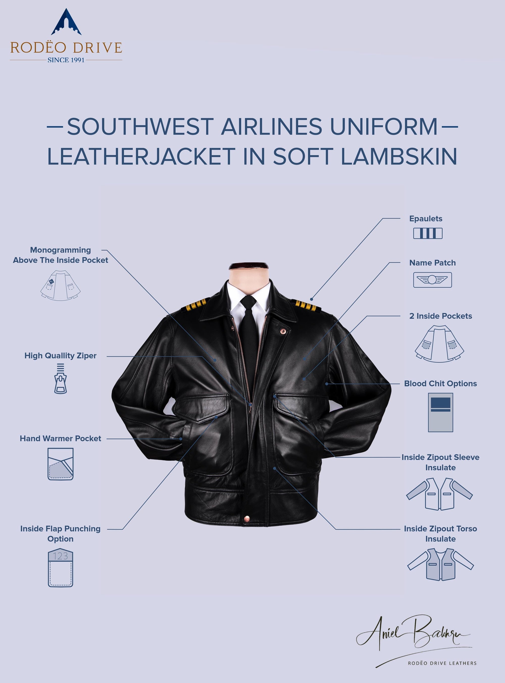 Features of southwest airlines uniform - leatherjacket in soft lambskin