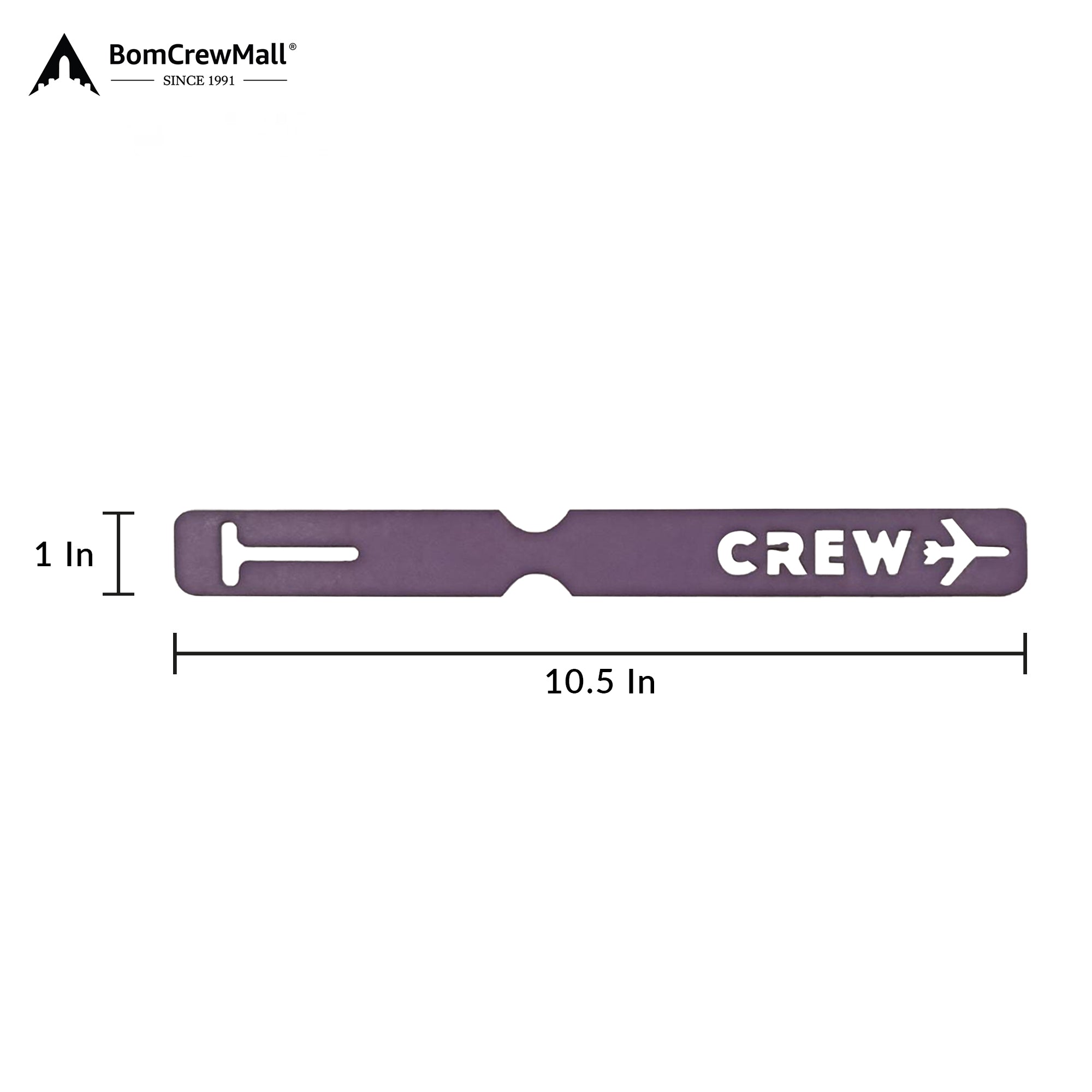 purple LASER-CUT CREW BAG TAG with dimensions