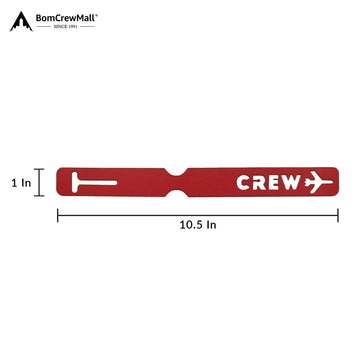 red laser-cut crew bag tag with dimensions