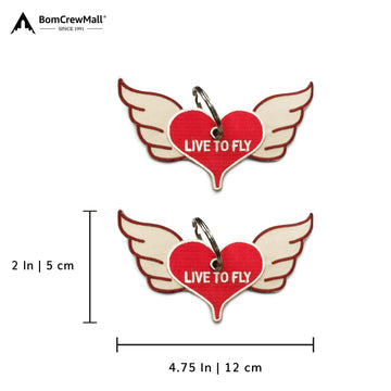 Live to fly embroidery bag tag with dimensions