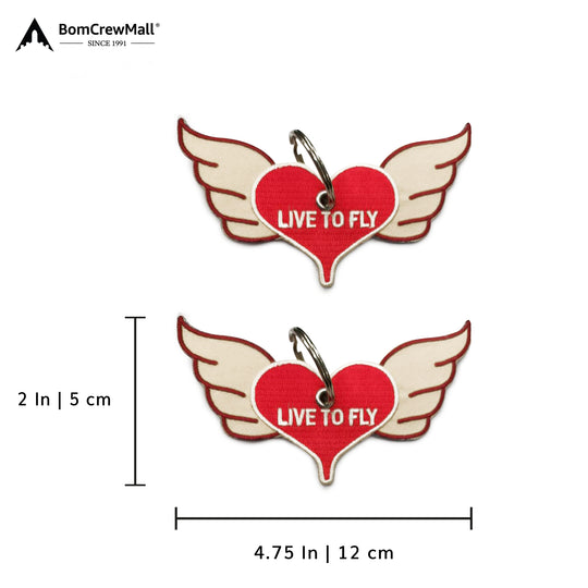 Live to fly embroidery bag tag with dimensions