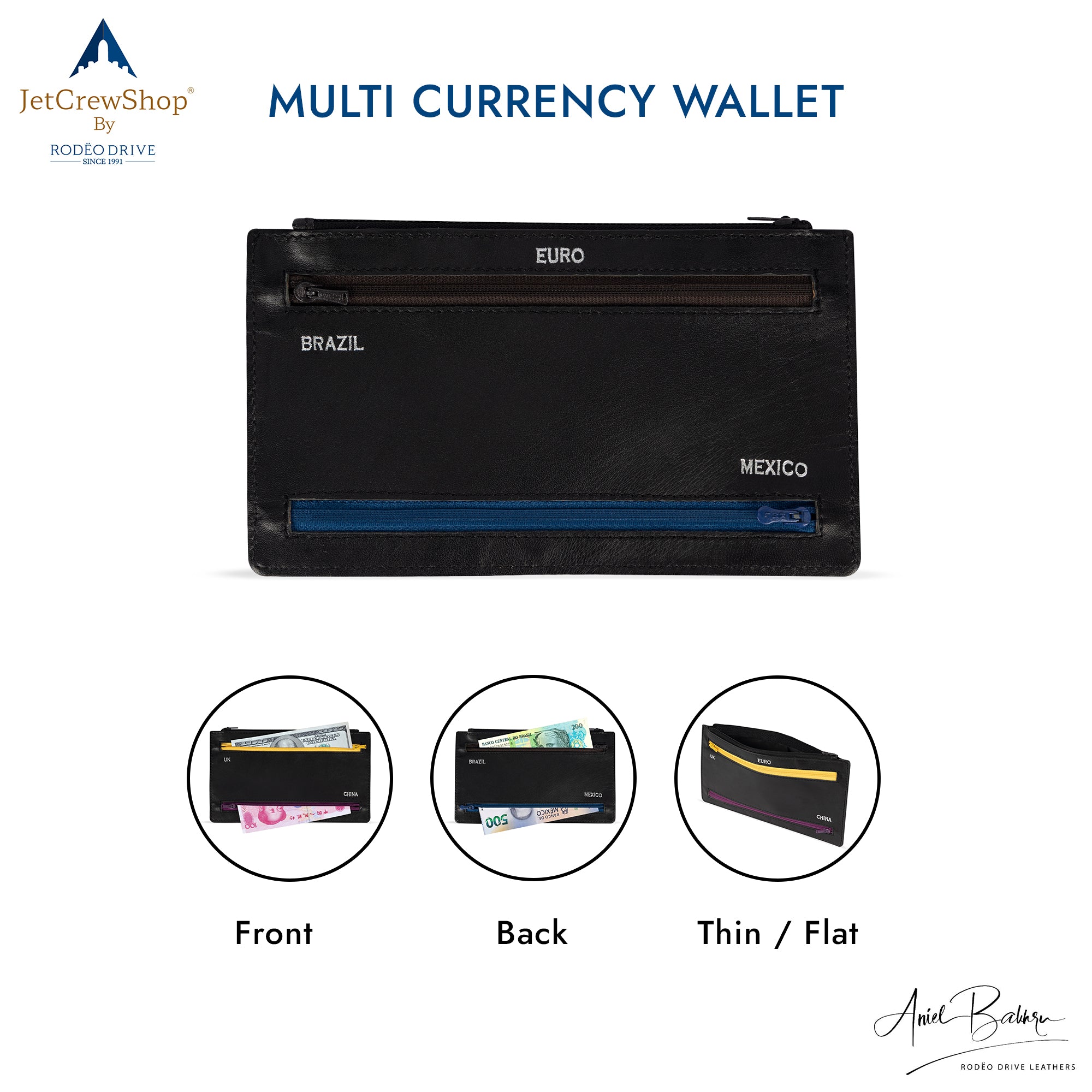 Back Side image of 5 Zip Multi currency Wallet. Top Zip is black in color and meant for Euro currency. Zip in front is also black in color and meant to keep Brazil currency. Bottom Zip is Blue in color and meant to keep Mexican currency.  Below in three circles -  Front, Back and Side position images of purse is showcased. 