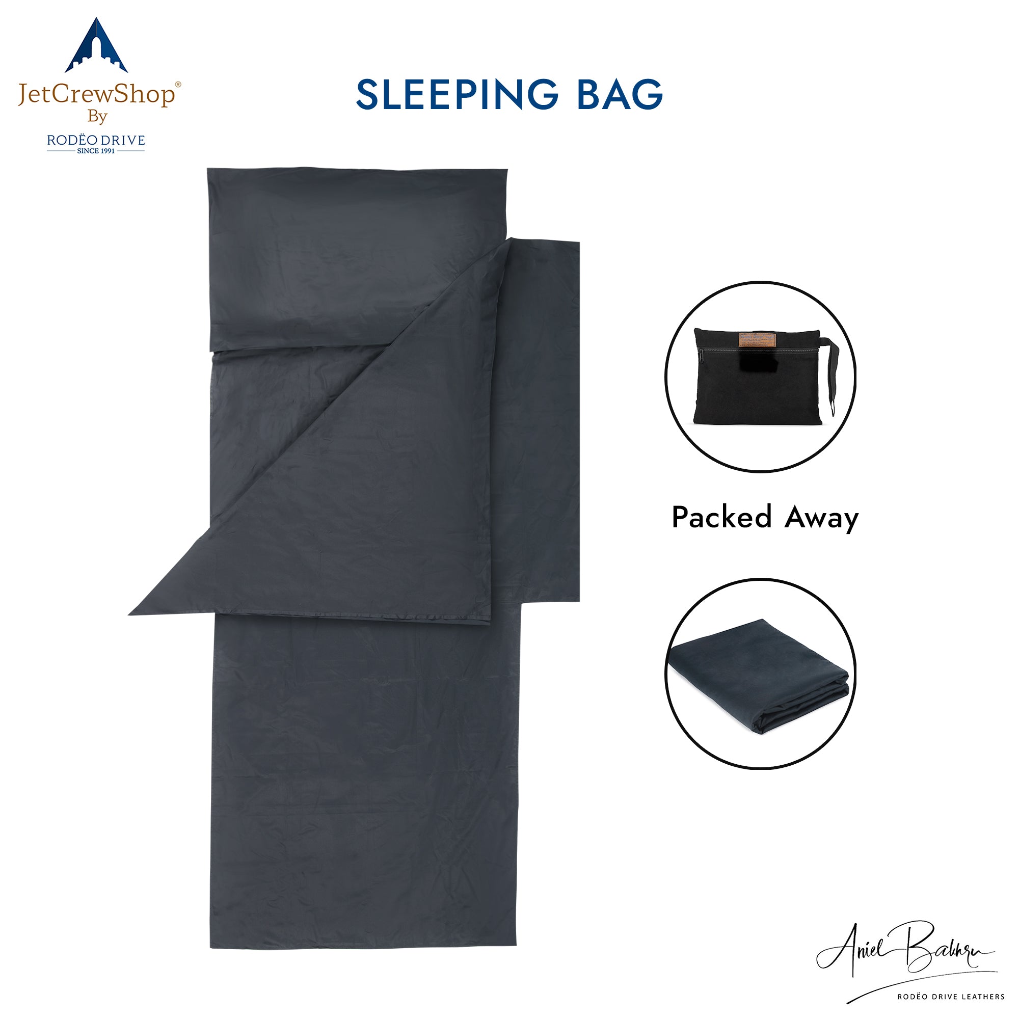 Open sleeping bag image. Two more images depict it in folded and packed pattern.