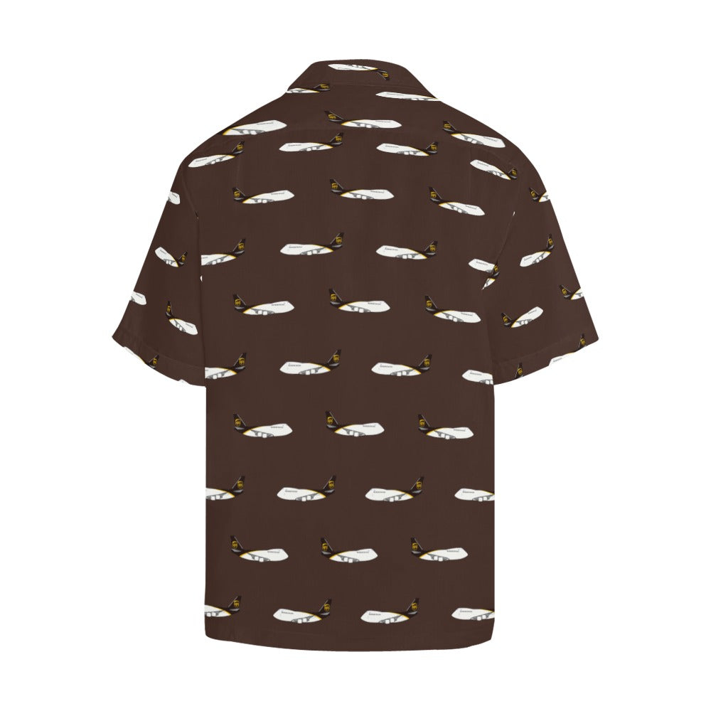 Front side image of  747 -8 Brown UPS Hawaiian shirt. Short sleeves ,notch lapel collar and boxy fit are depicted.