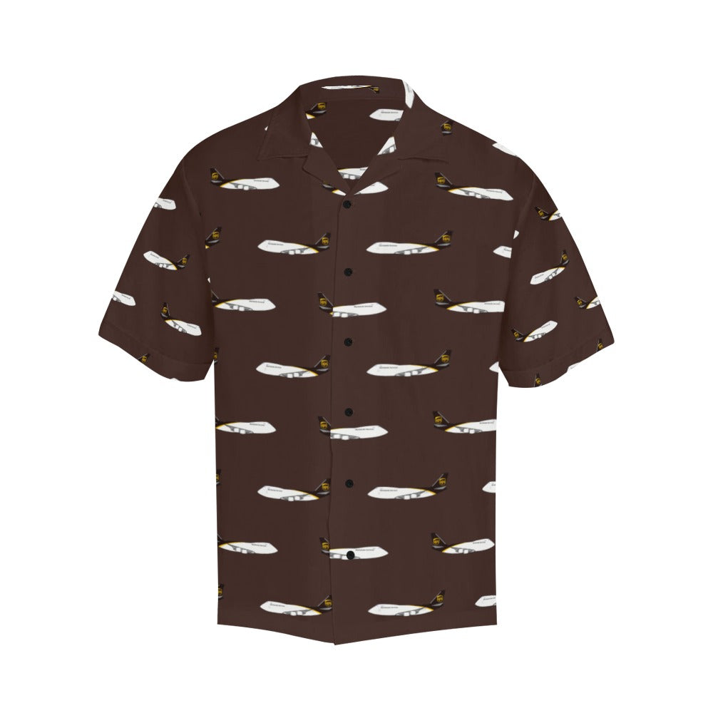 Front side image of  747 -8 Brown UPS Hawaiian shirt. Short sleeves and notch lapel collar is visible. Stylish uniform in warmer climates. 