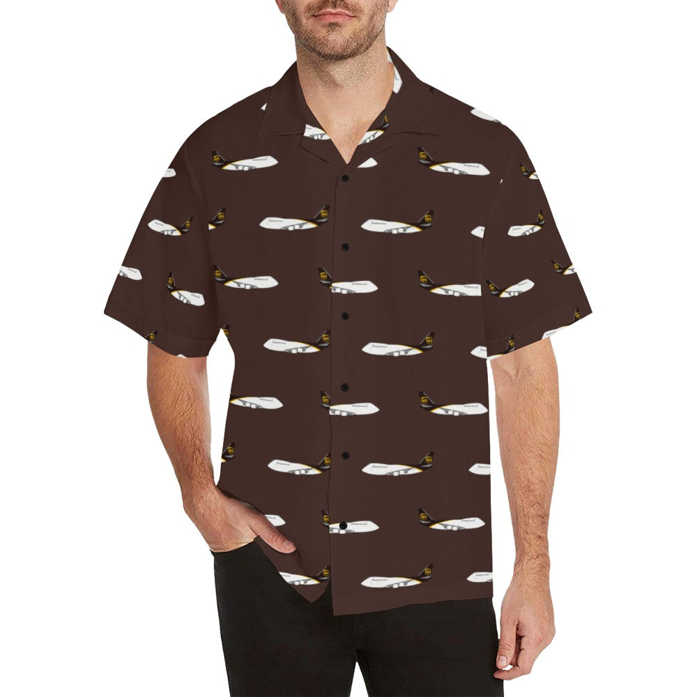 Front side image of  747 -8 Brown UPS Hawaiian shirt. Short sleeves ,notch lapel collar and boxy fit are depicted.