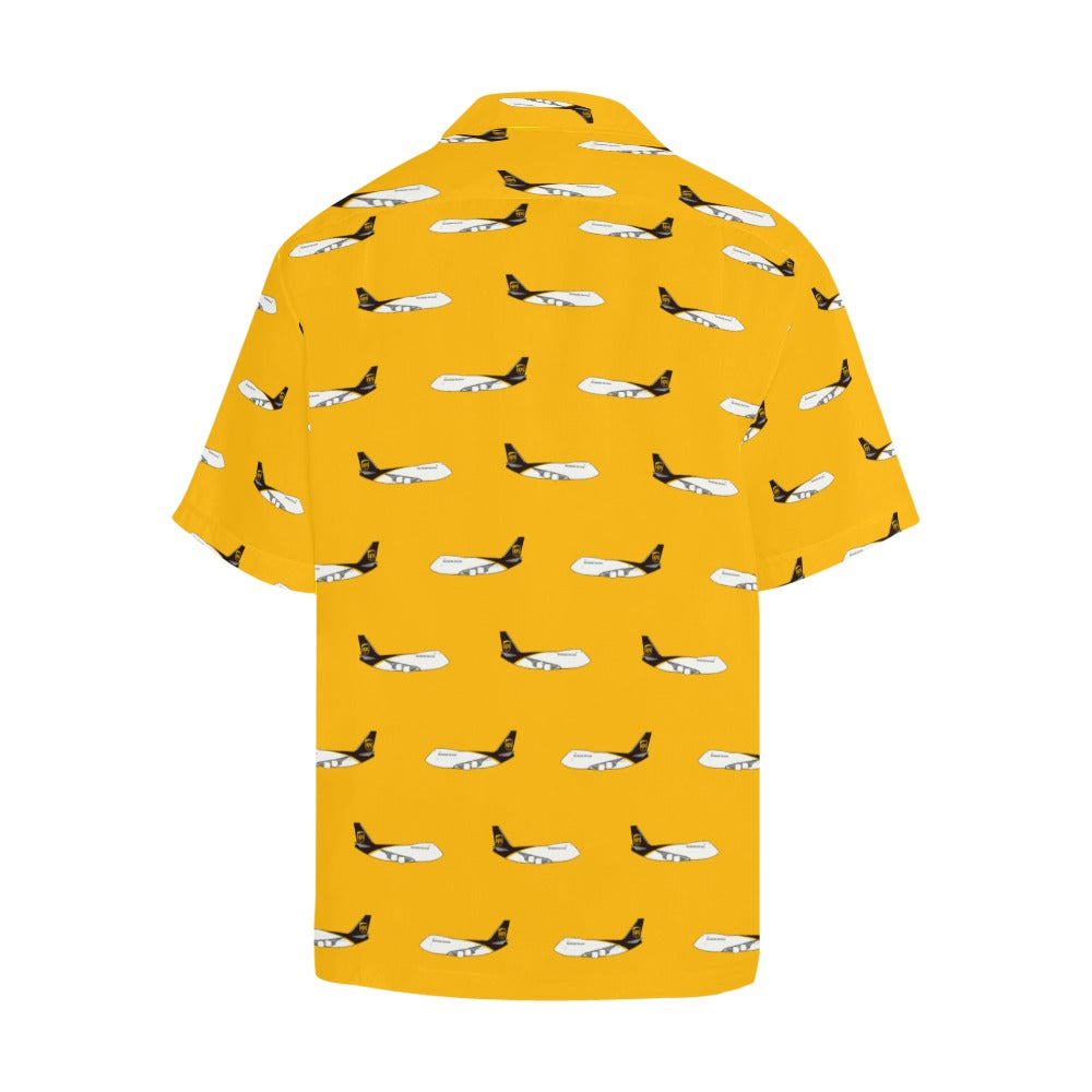 Back side image of yellow HAWAIIAN SHIRT. It is short sleeved