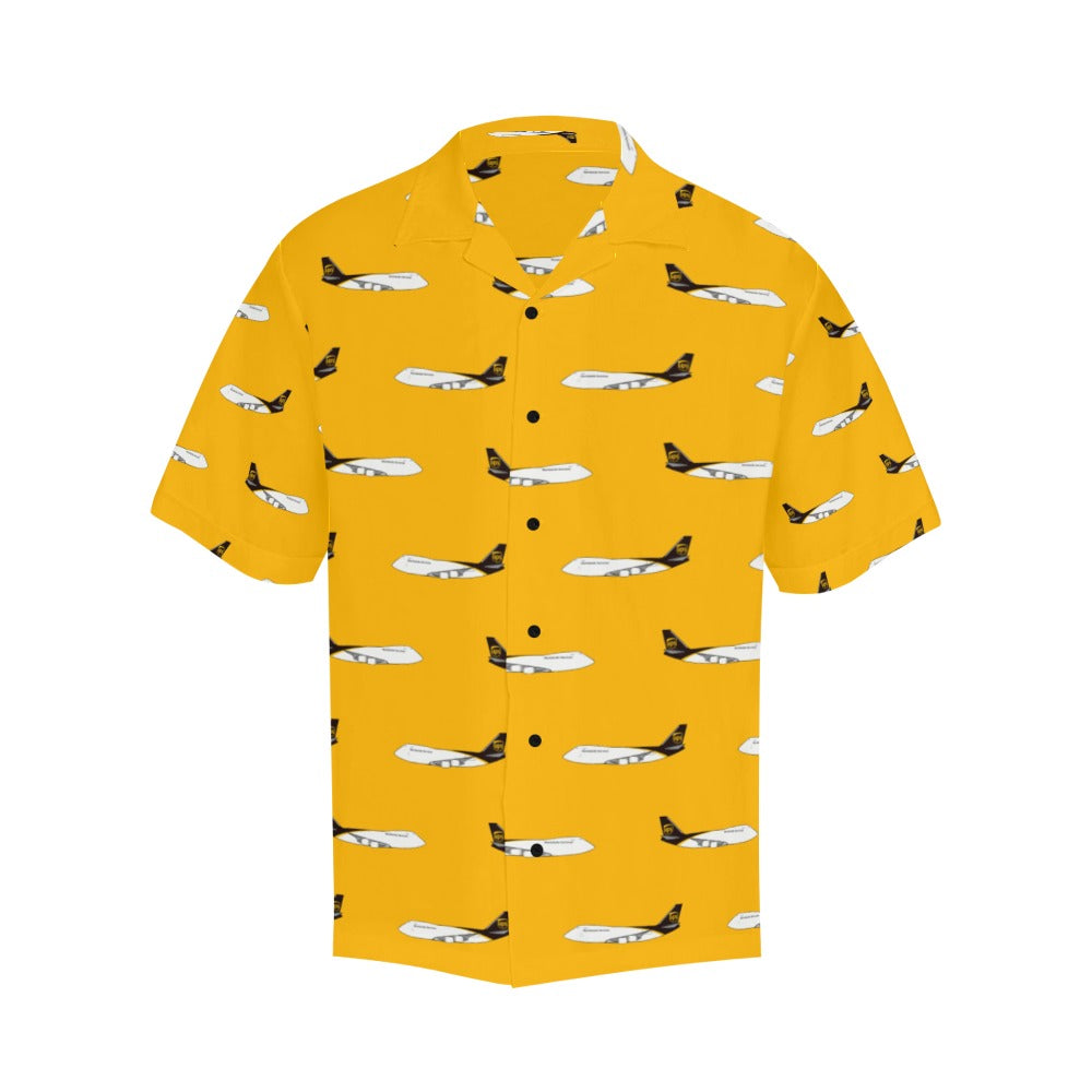 Front view of yellow HAWAIIAN SHIRT. It is short sleeved and have a collar. many planes images are visible on shirt.