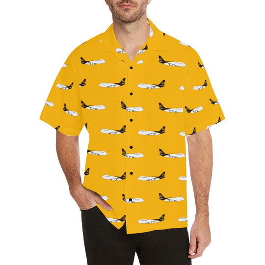 a model wearing YELLOW HAWAIIAN SHIRT. the shirt is stylish and apt for warm seasons